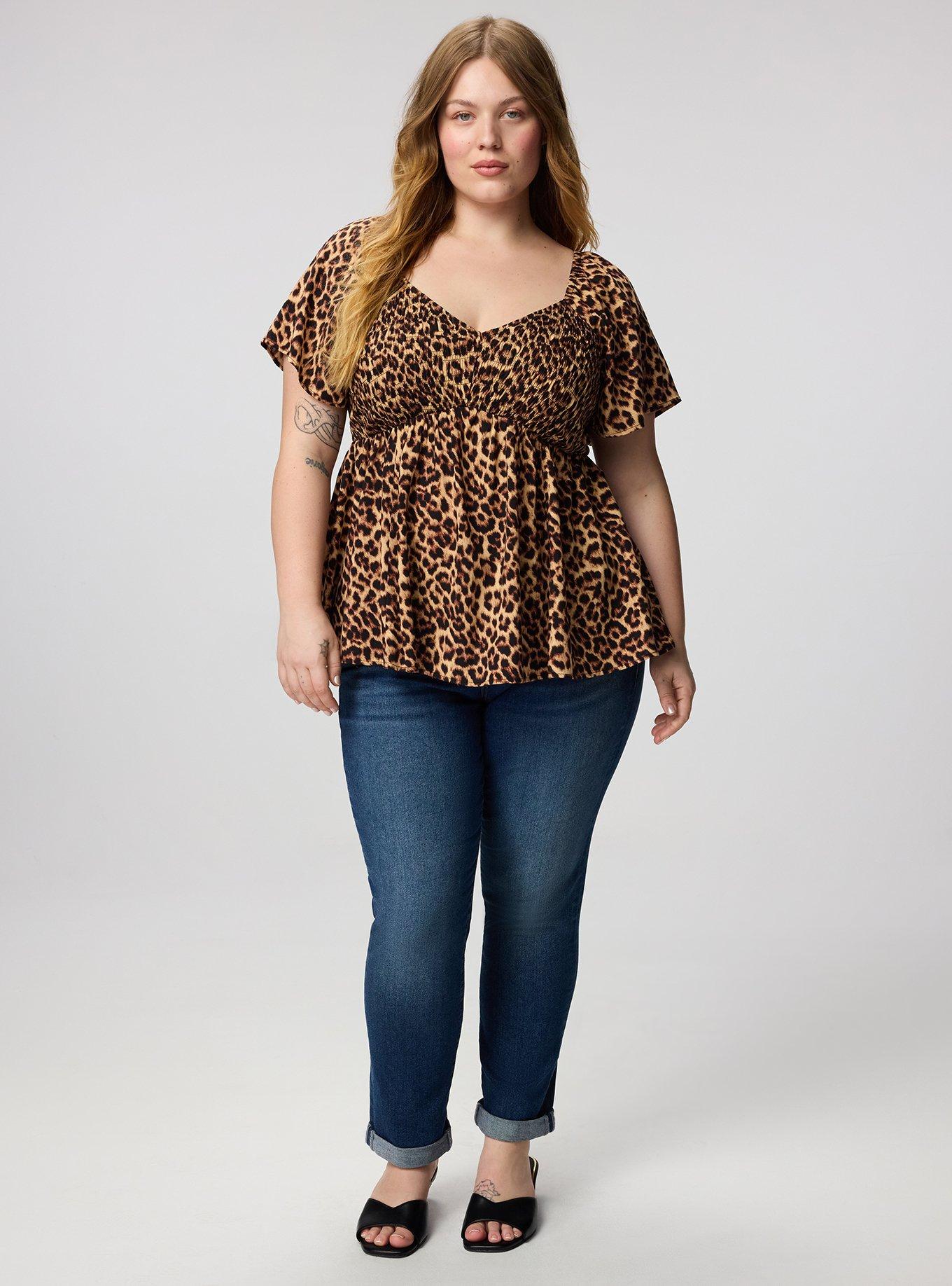 Smocked Challis Babydoll Top, ON THE PROWL LEOPARD MULTI, alternate