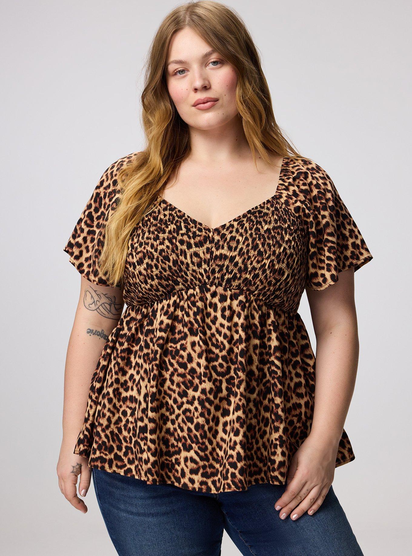 Smocked Challis Babydoll Top, ON THE PROWL LEOPARD MULTI, hi-res