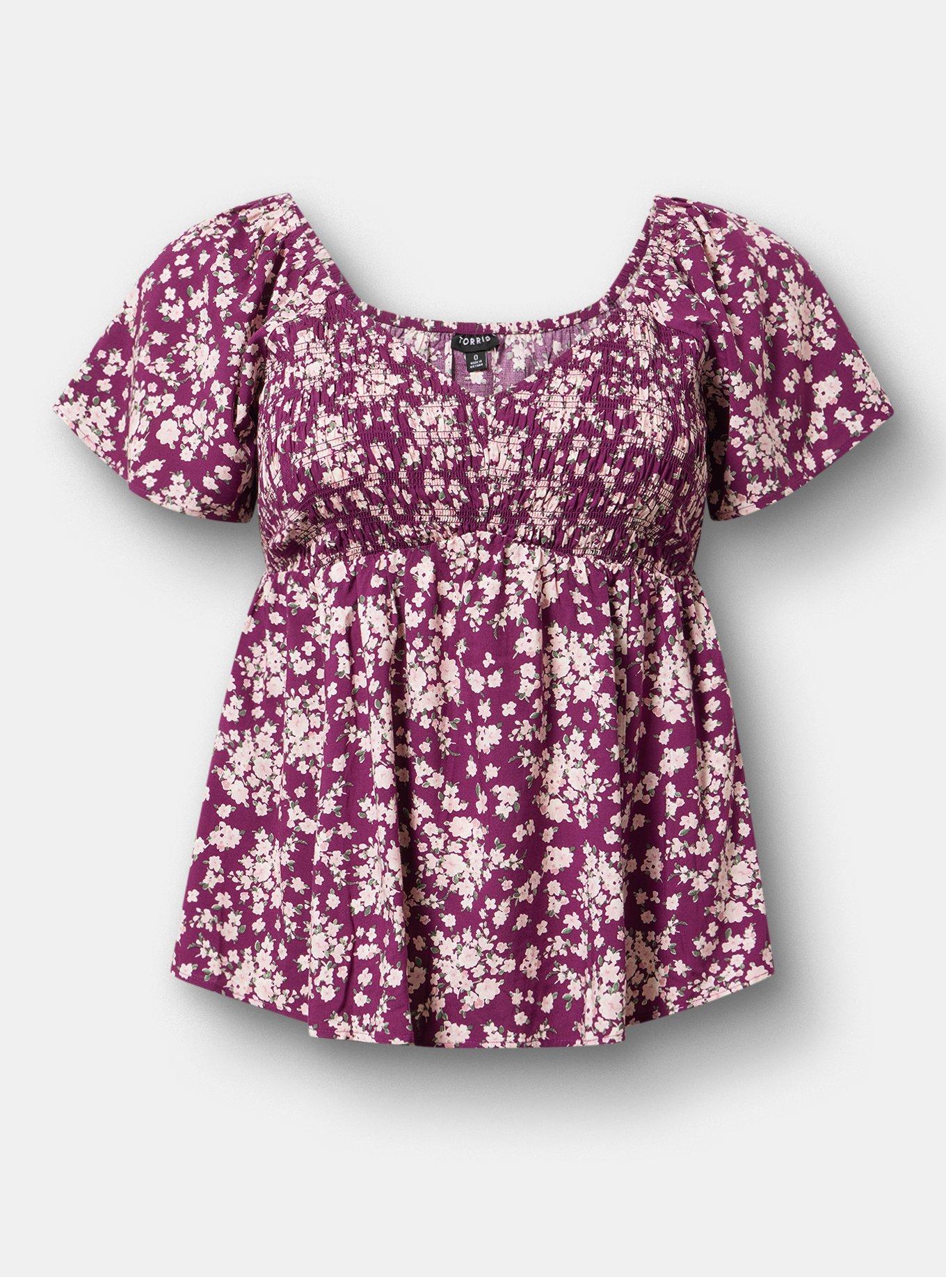 Smocked Challis Babydoll Top, NORMANDY FLORAL PURPLE, hi-res