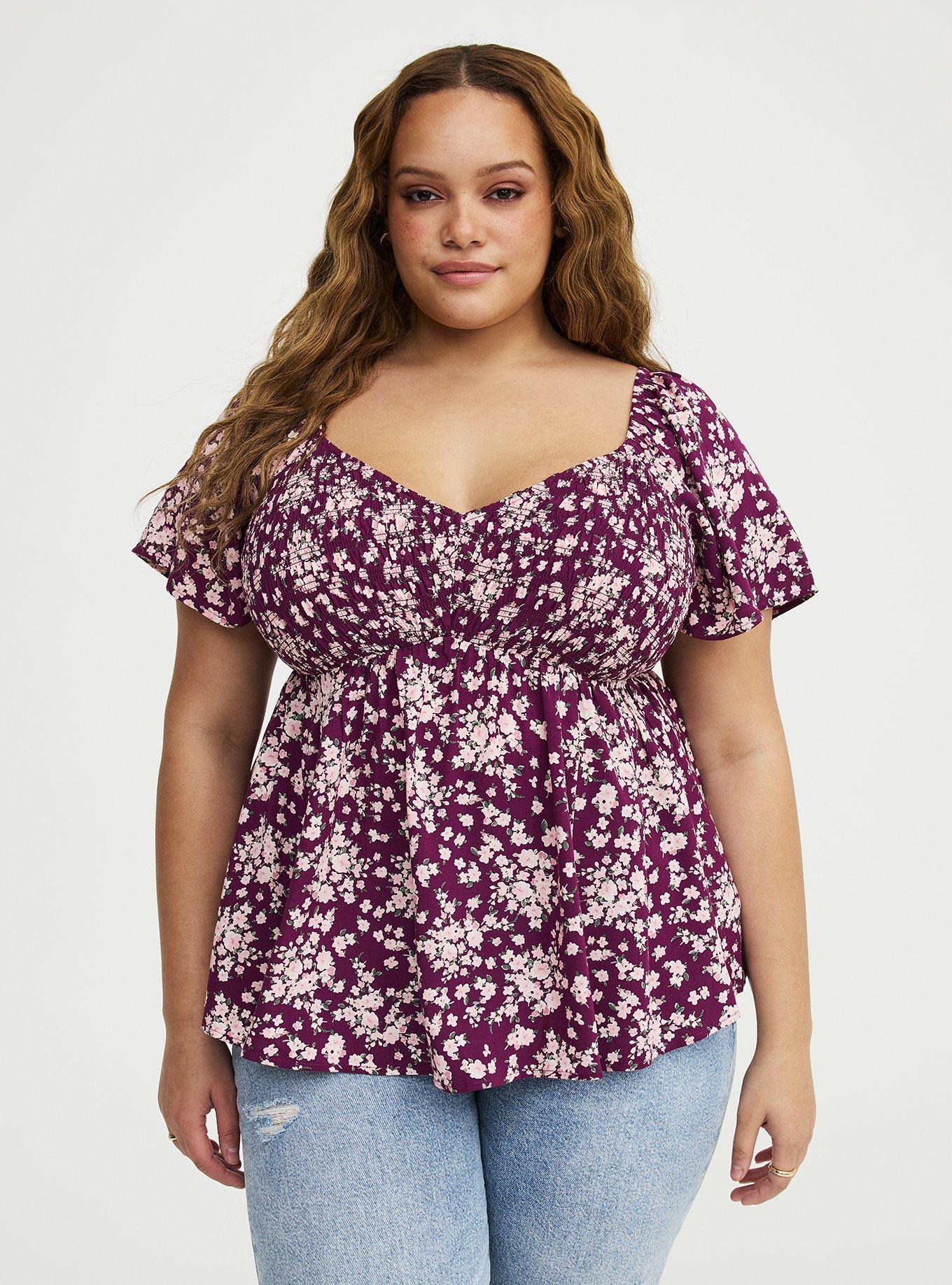 Smocked Challis Babydoll Top, NORMANDY FLORAL PURPLE, hi-res