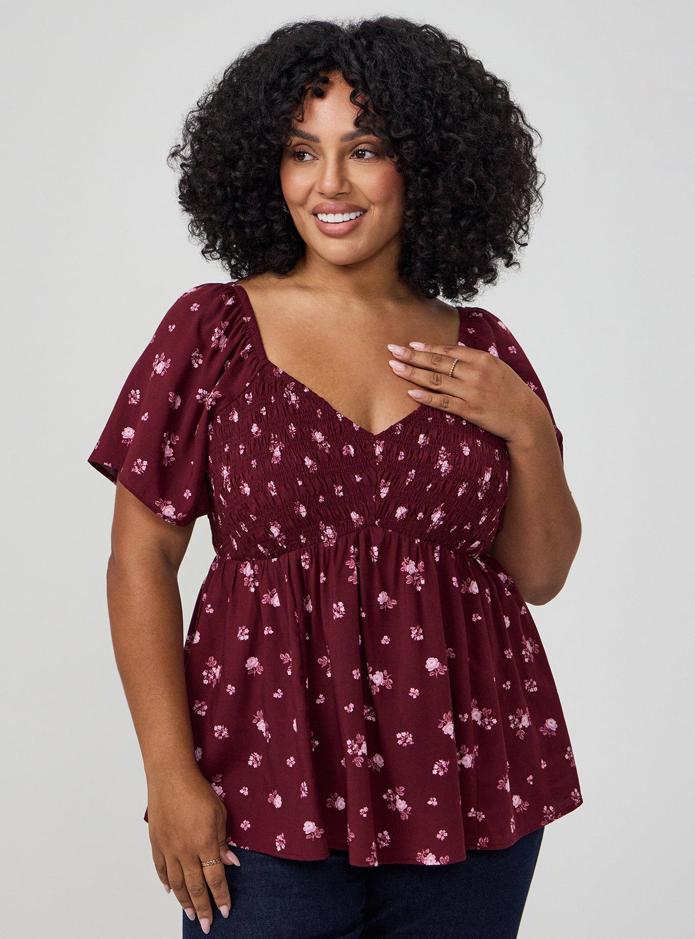 Smocked Challis Babydoll Top, MEG DITSY FLORAL BURGUNDY, hi-res