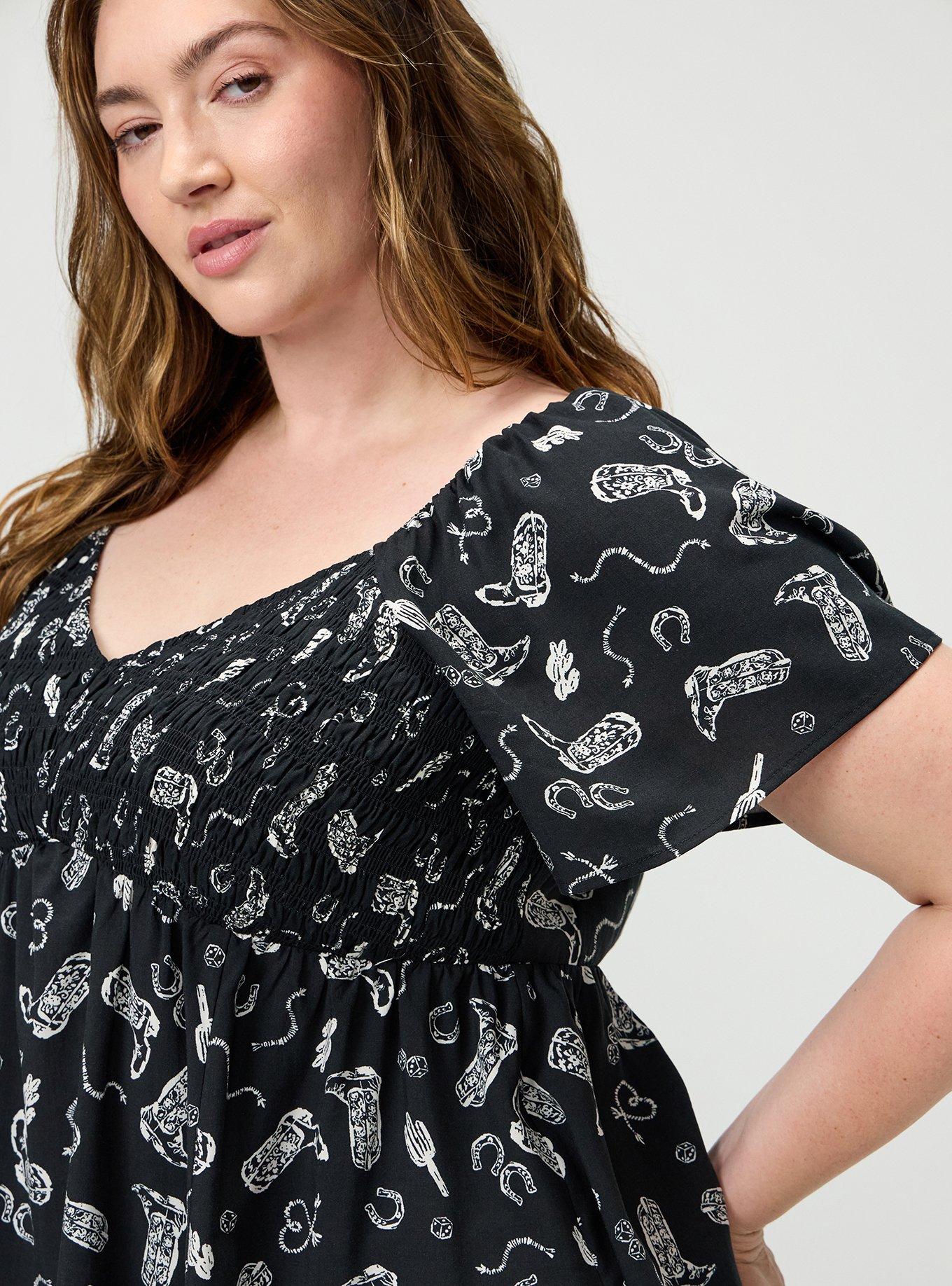 Smocked Challis Babydoll Top, COWGIRLS WANNA HAVE BLACK, alternate