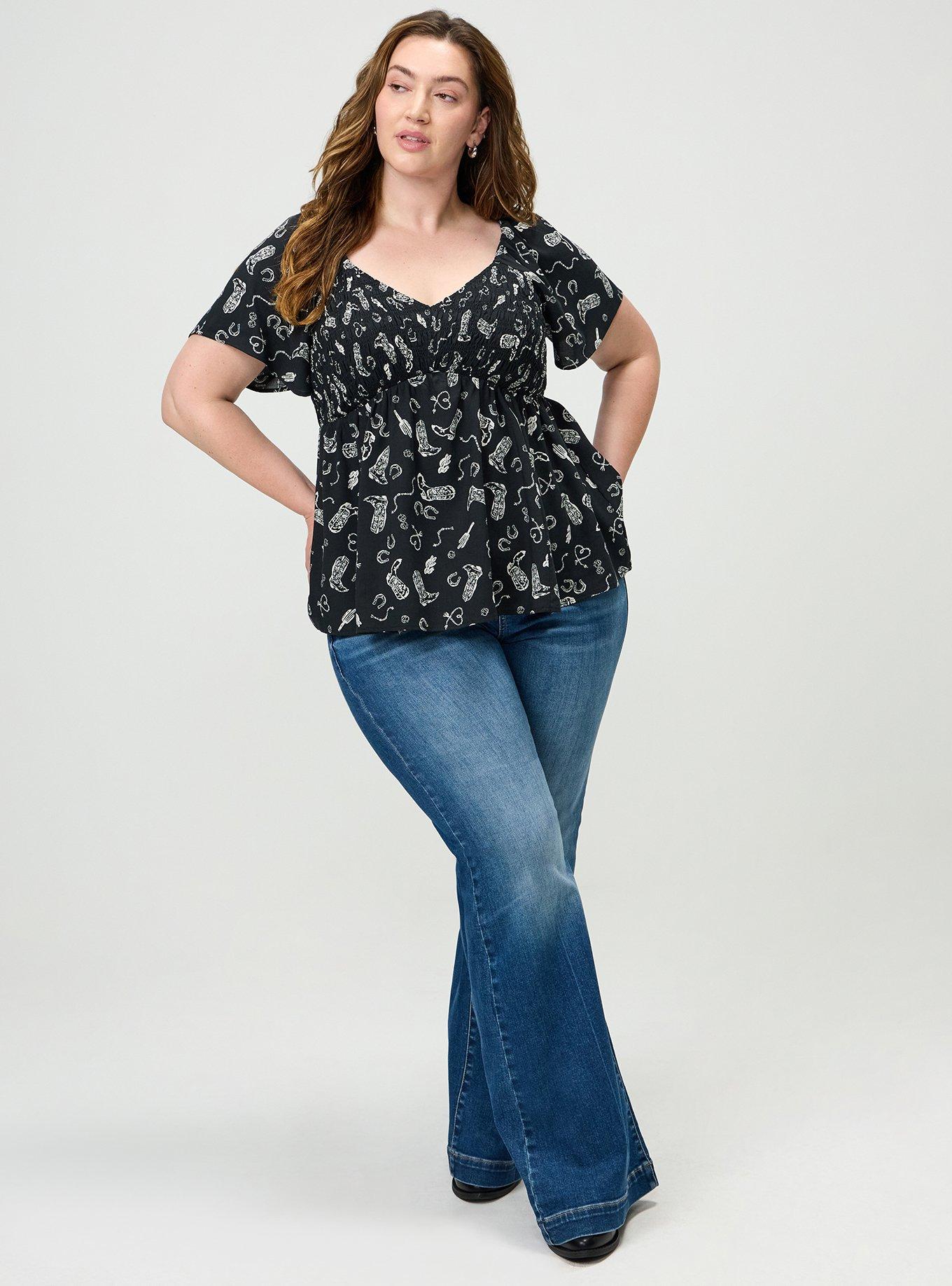 Smocked Challis Babydoll Top, COWGIRLS WANNA HAVE BLACK, alternate