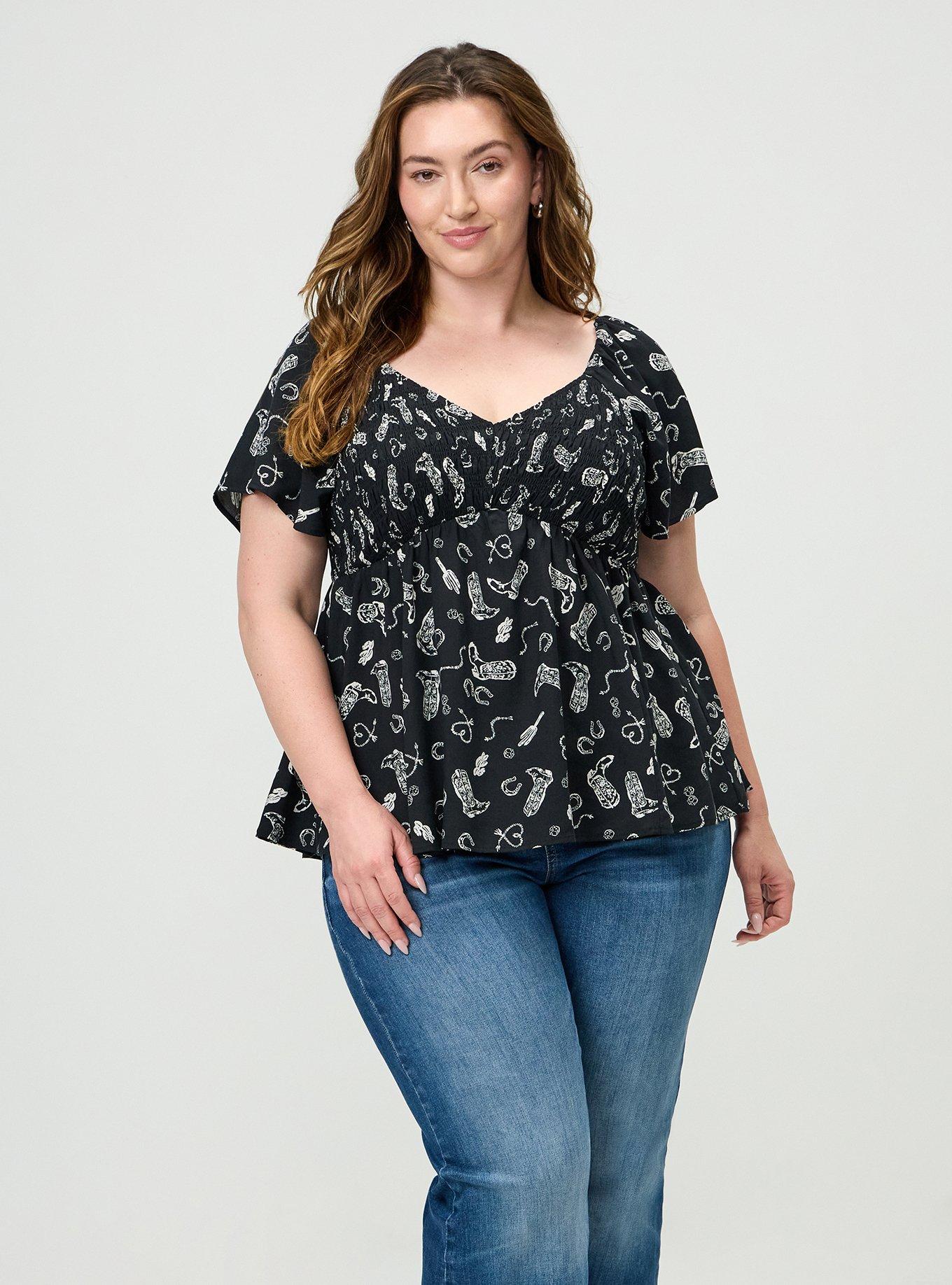 Smocked Challis Babydoll Top, COWGIRLS WANNA HAVE BLACK, alternate