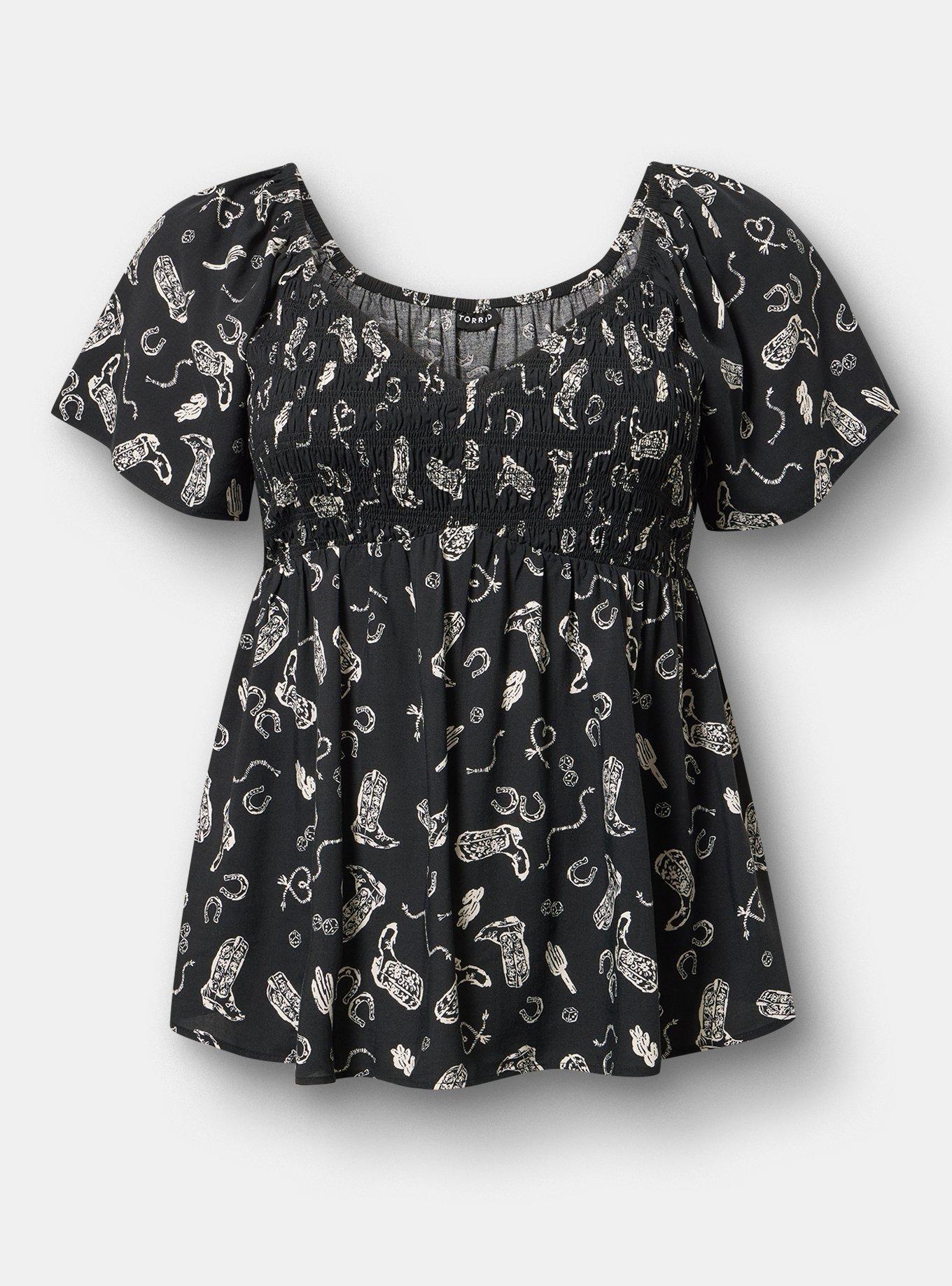 Smocked Challis Babydoll Top, COWGIRLS WANNA HAVE BLACK, hi-res