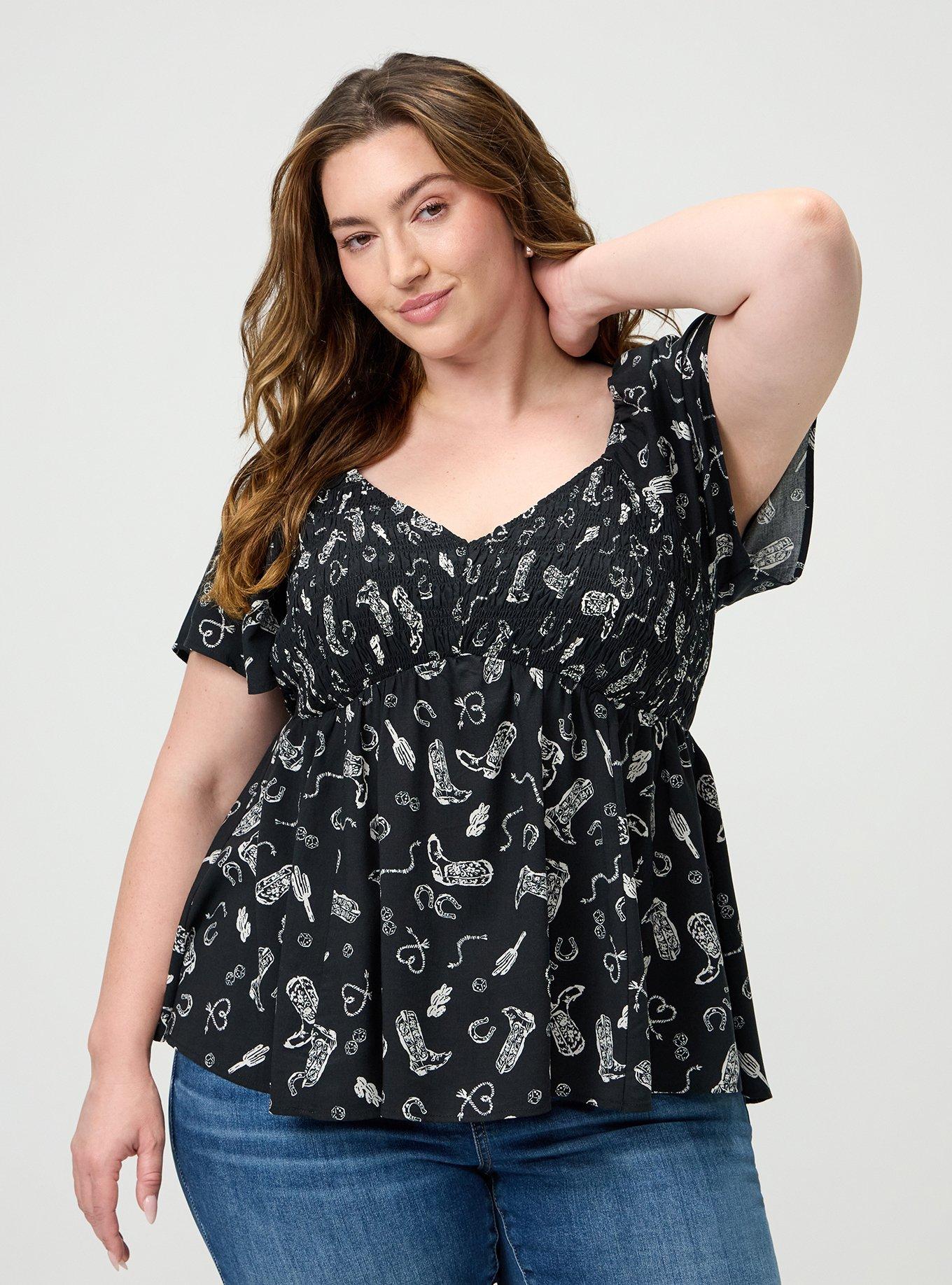 Smocked Challis Babydoll Top, COWGIRLS WANNA HAVE BLACK, hi-res