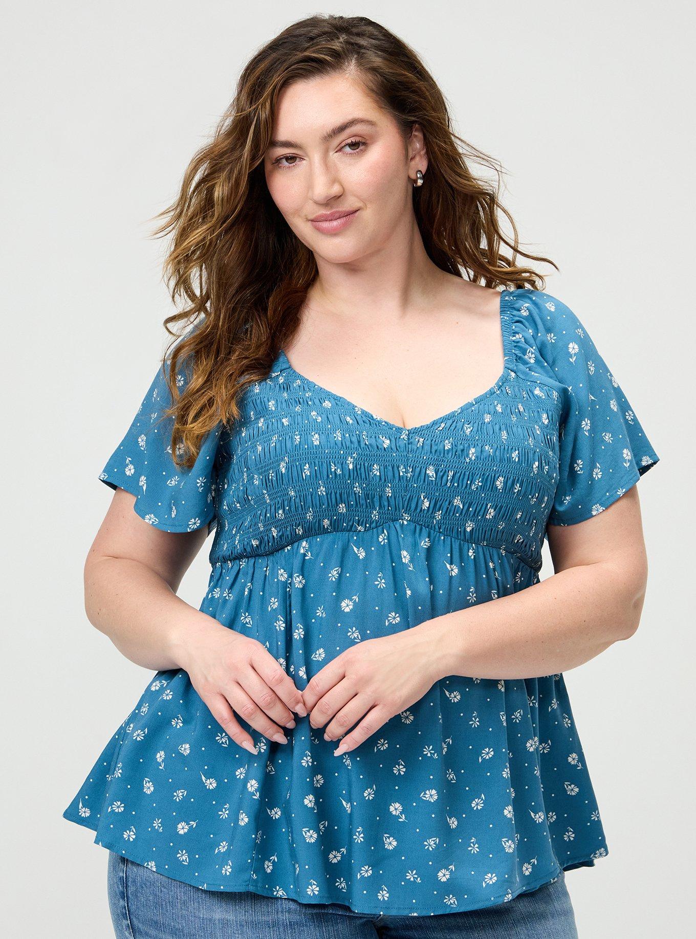 Smocked Challis Babydoll Top, DREW DITSY FLORAL BLUE, hi-res