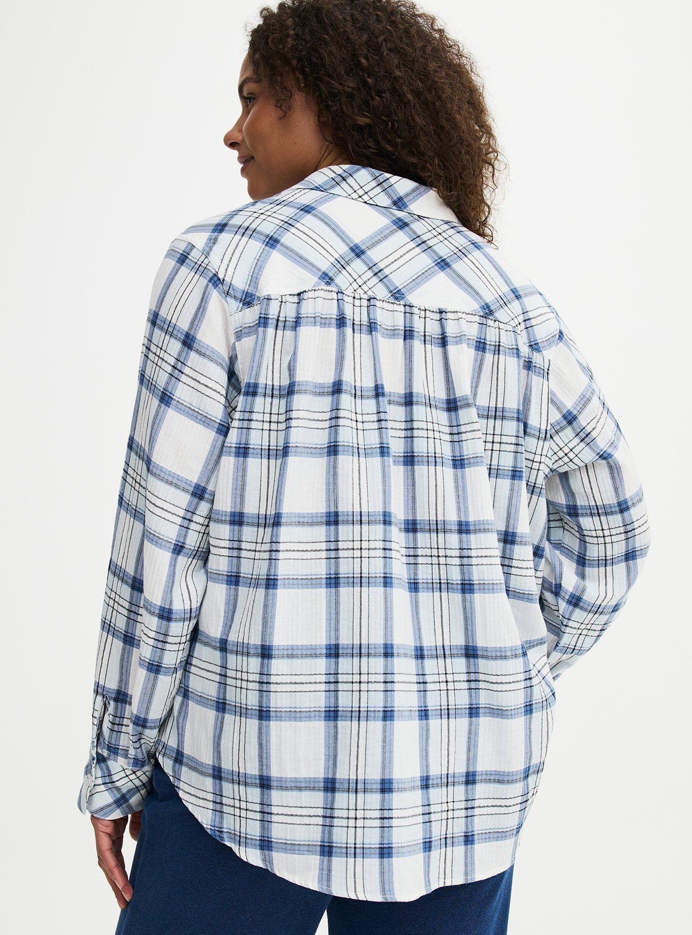 Cotton Button-Up Shirt, CLARA PLAID BLUE, alternate