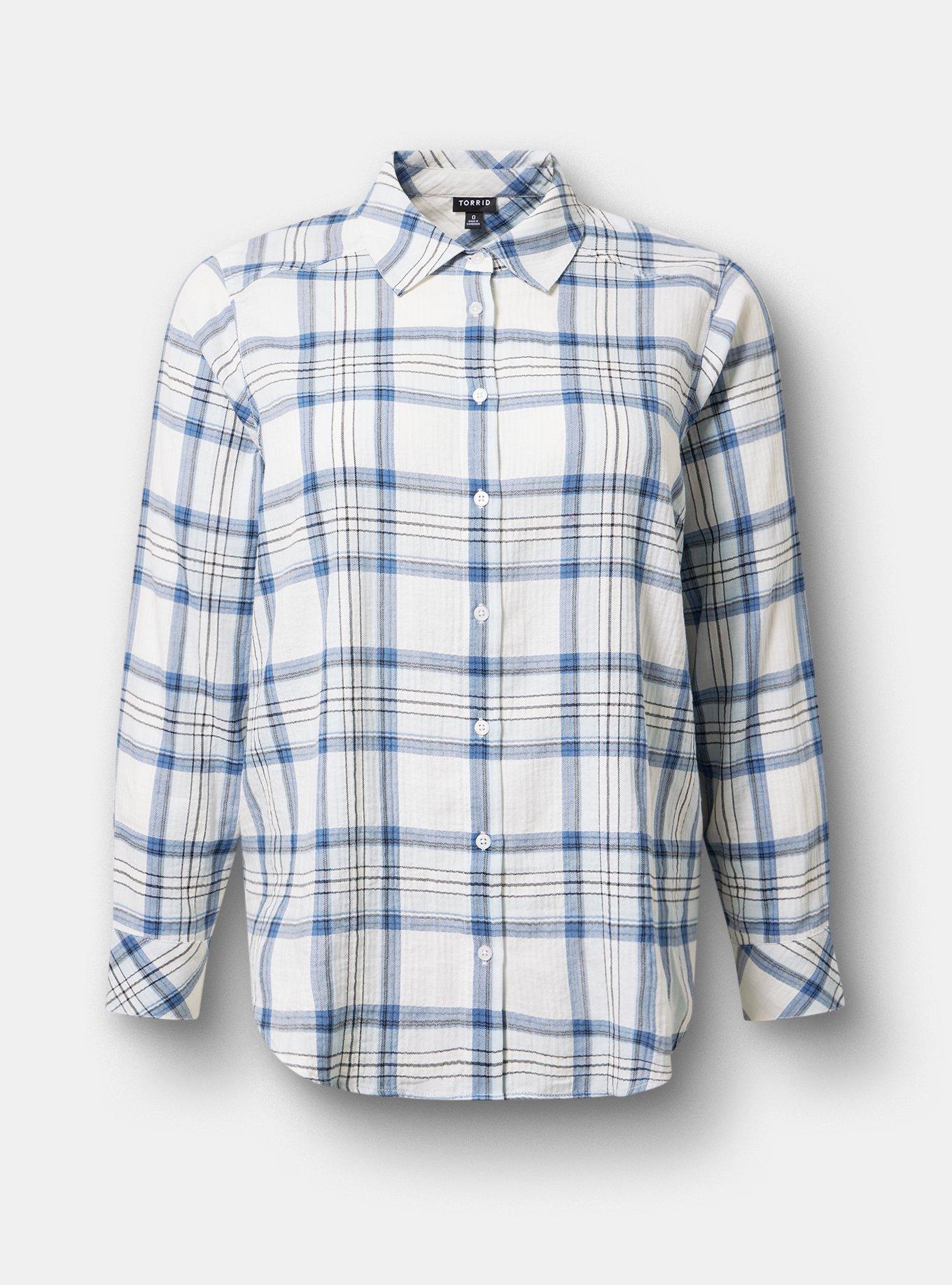 Cotton Button-Up Shirt, CLARA PLAID BLUE, hi-res