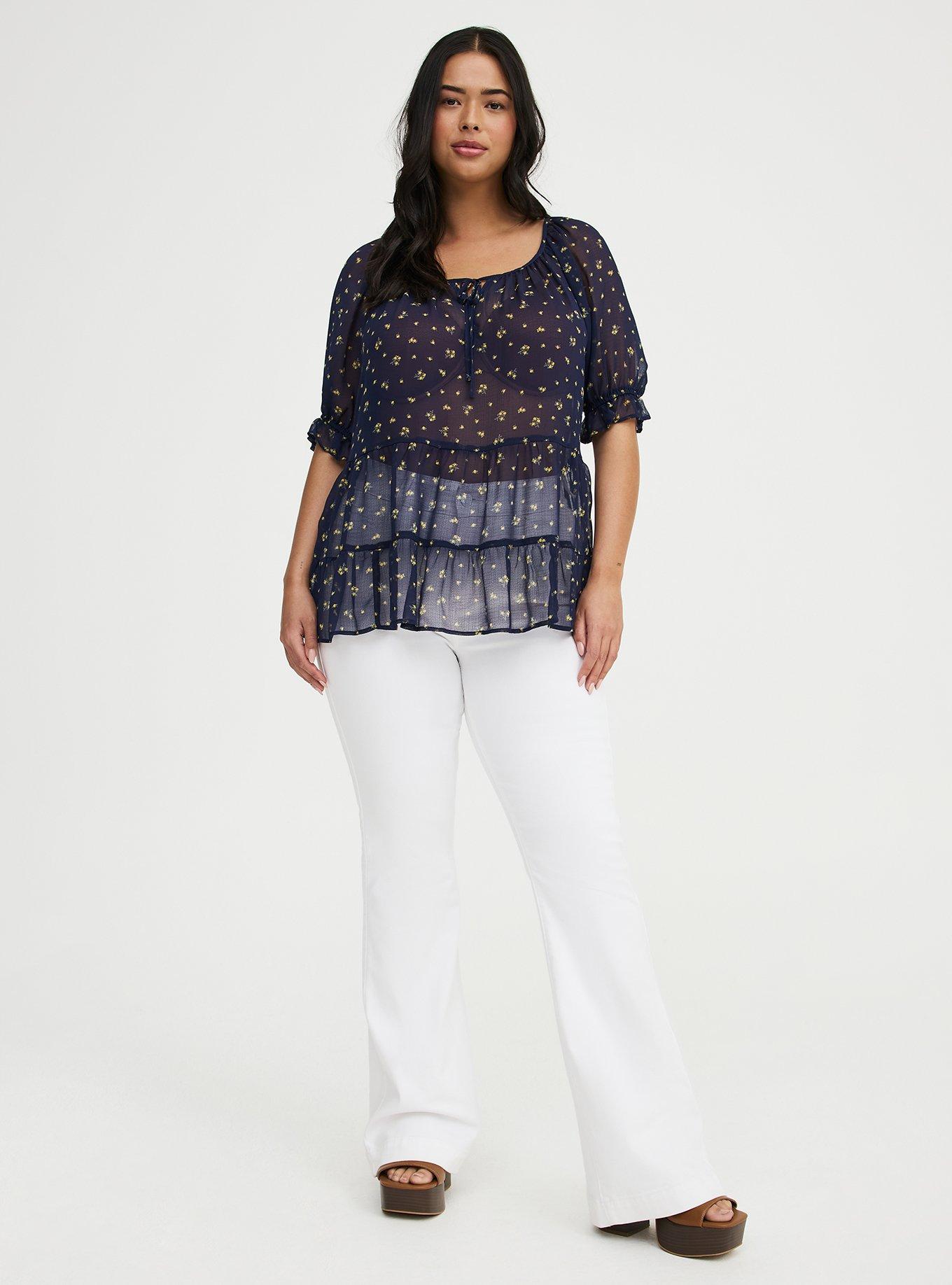 Tiered Babydoll Top with Puff Sleeves, MISTY DITSY FLORAL NAVY, alternate