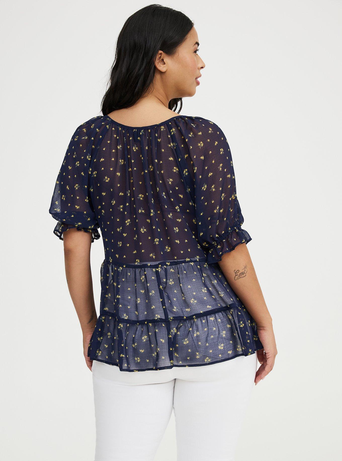 Tiered Babydoll Top with Puff Sleeves, MISTY DITSY FLORAL NAVY, alternate