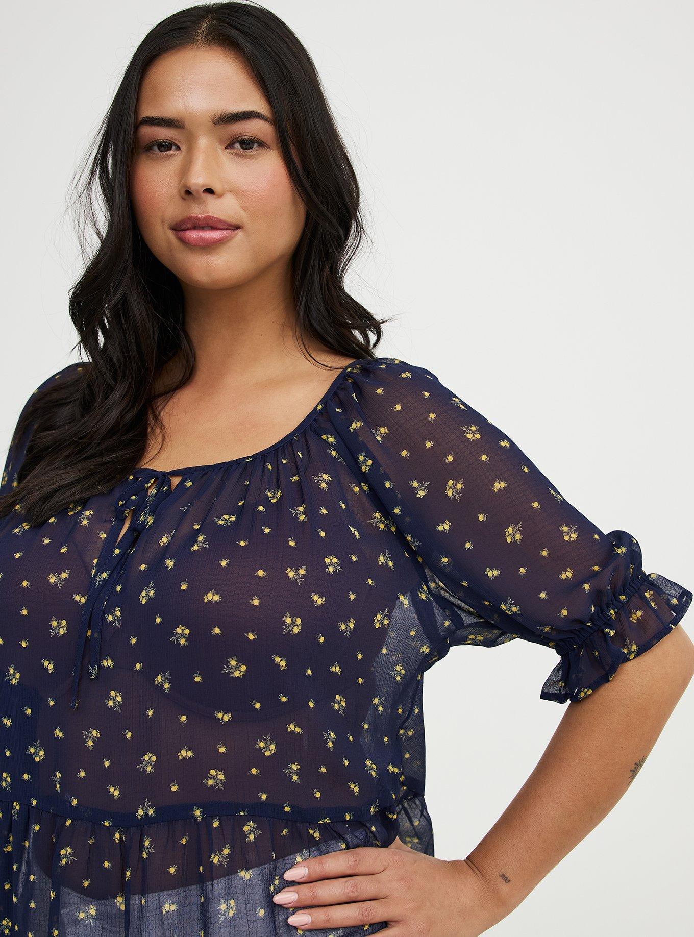 Tiered Babydoll Top with Puff Sleeves, MISTY DITSY FLORAL NAVY, alternate