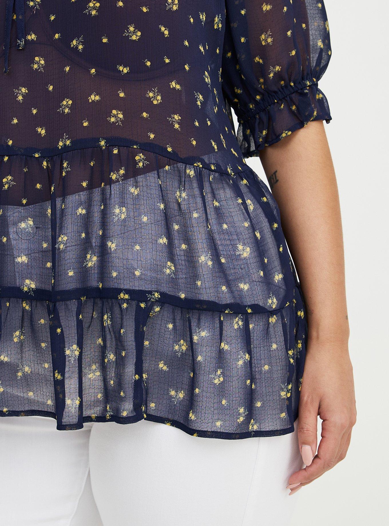 Tiered Babydoll Top with Puff Sleeves, MISTY DITSY FLORAL NAVY, alternate