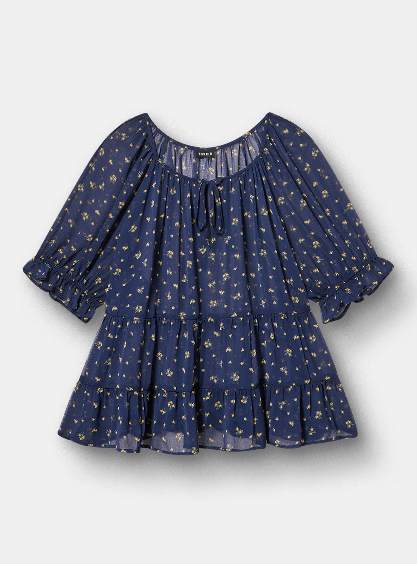 Tiered Babydoll Top with Puff Sleeves, MISTY DITSY FLORAL NAVY, hi-res