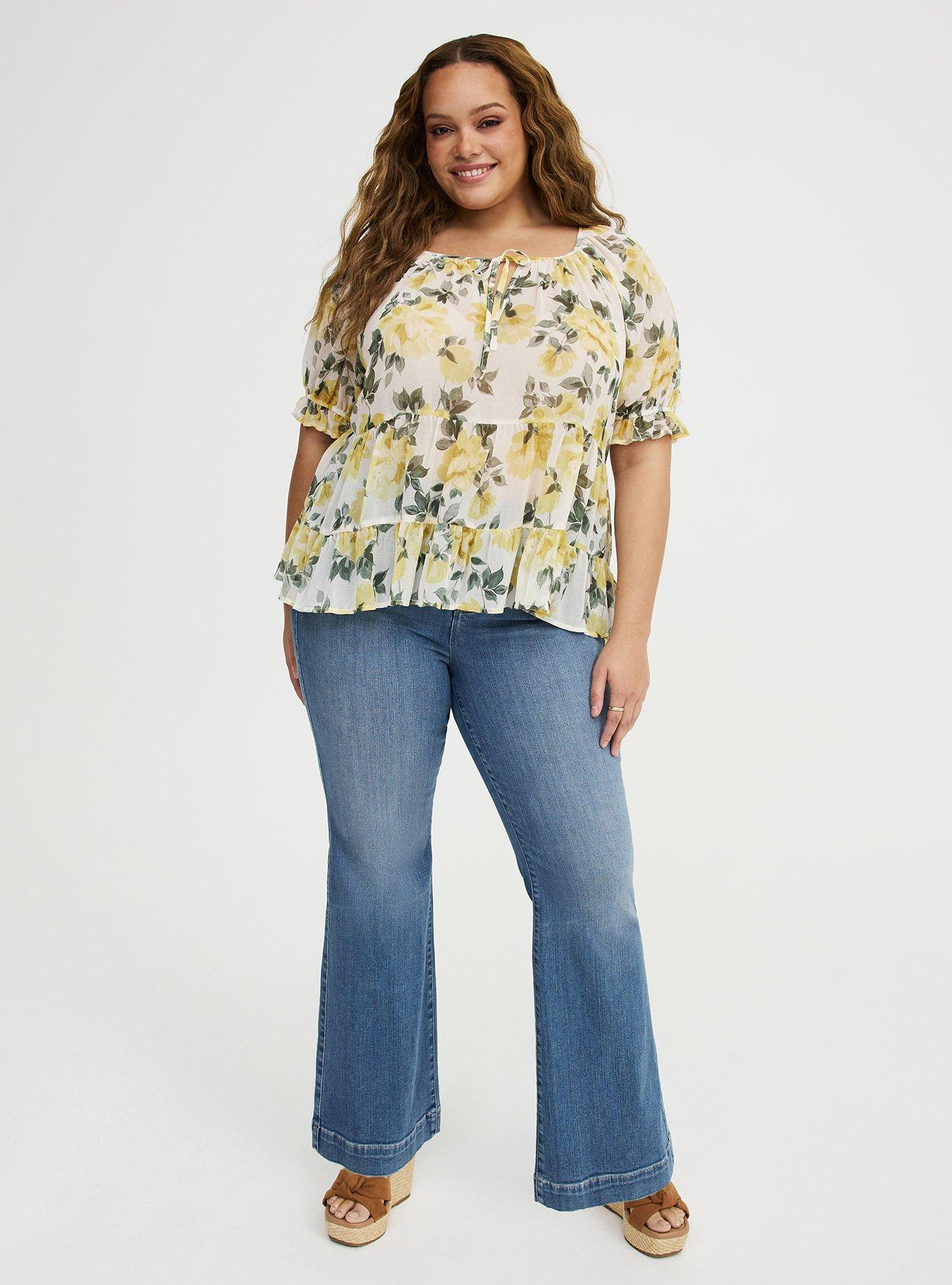 Tiered Babydoll Top with Puff Sleeves, ZELENA FLORAL YELLOW, alternate