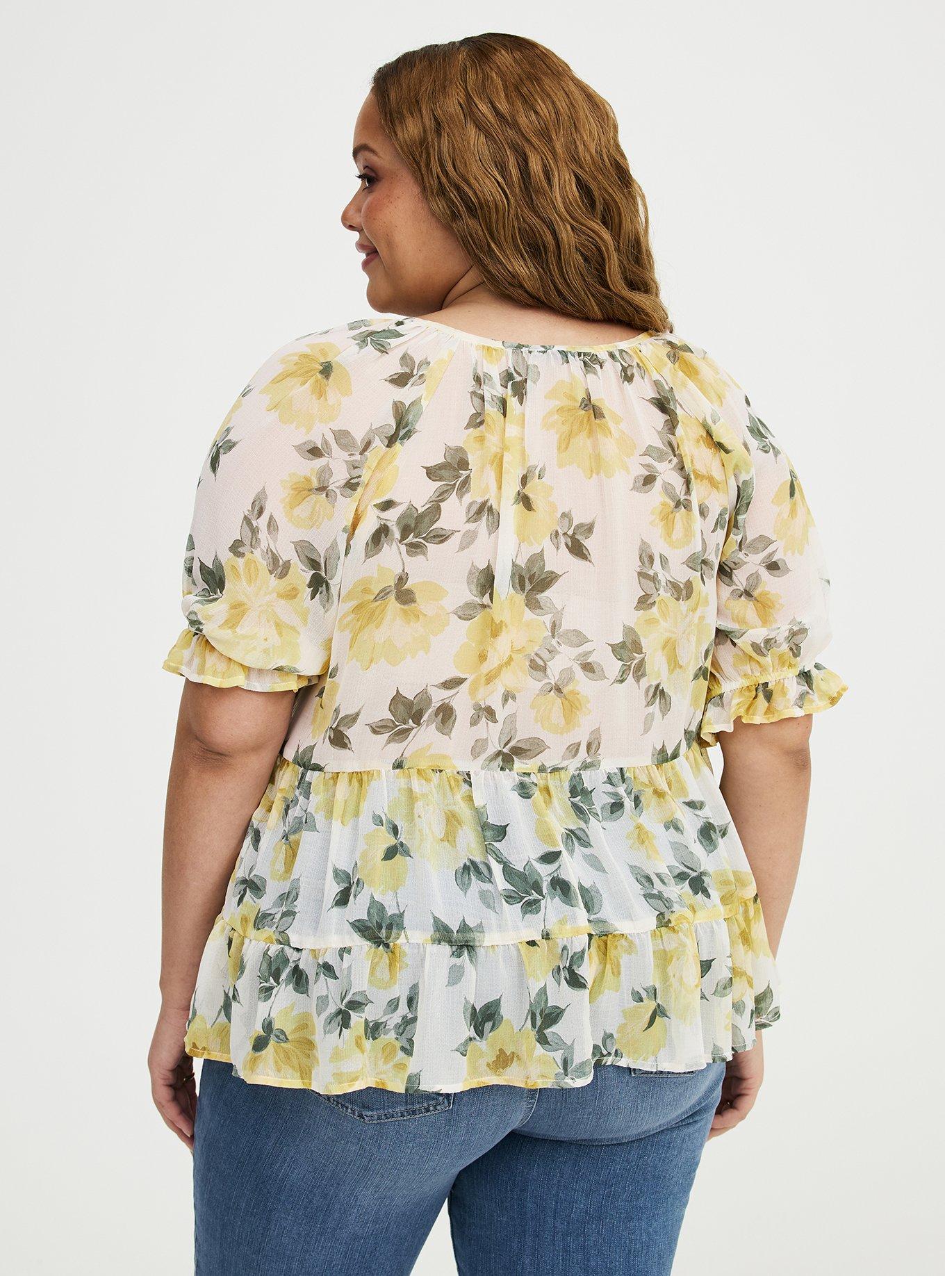 Tiered Babydoll Top with Puff Sleeves, ZELENA FLORAL YELLOW, alternate