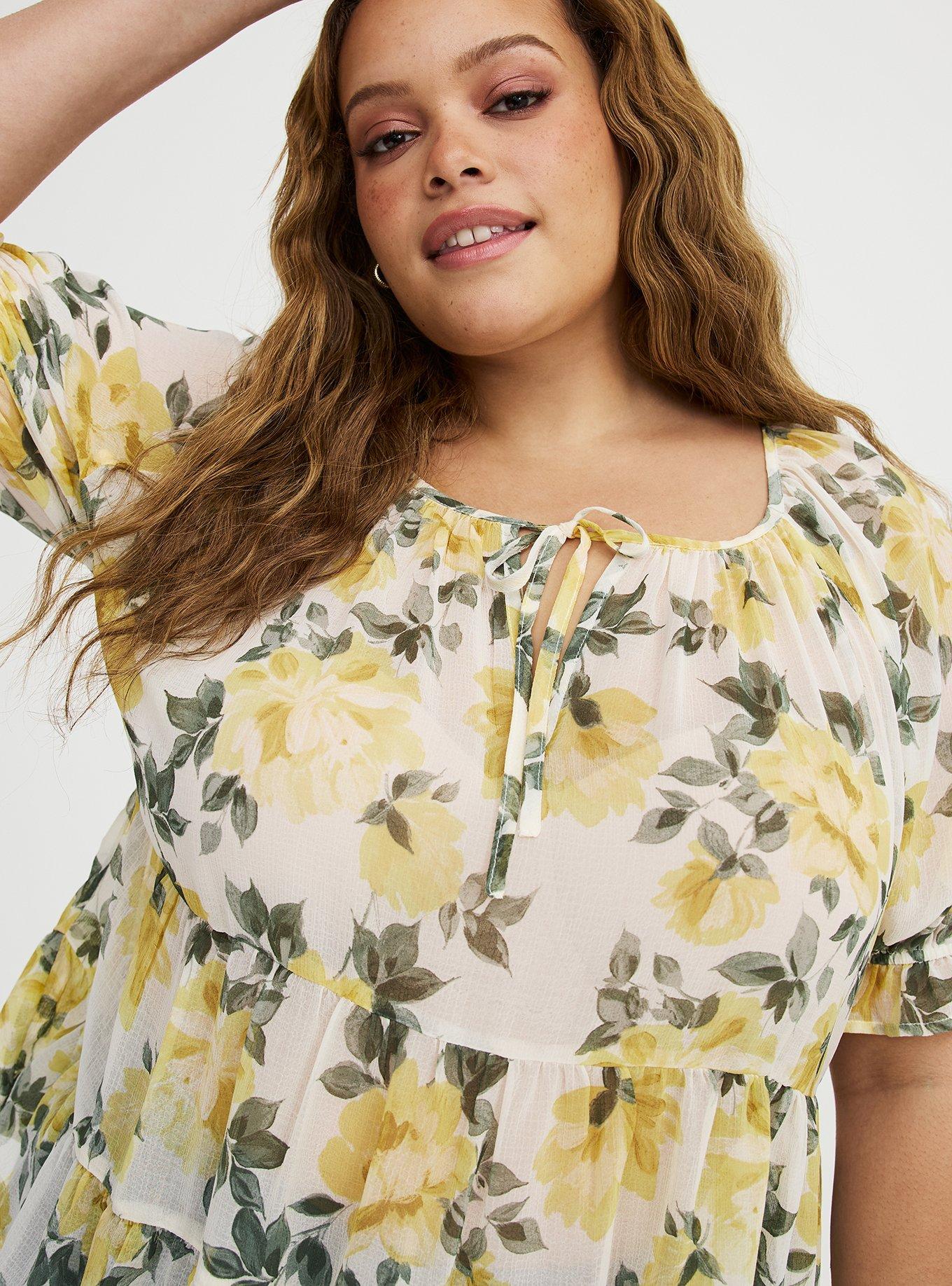 Tiered Babydoll Top with Puff Sleeves, ZELENA FLORAL YELLOW, alternate