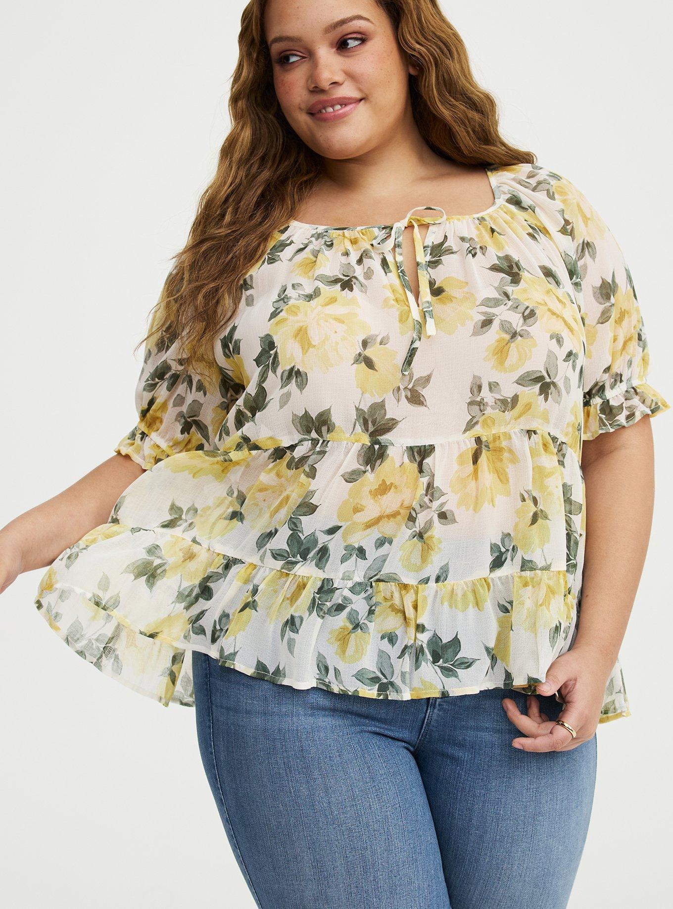 Tiered Babydoll Top with Puff Sleeves, ZELENA FLORAL YELLOW, alternate