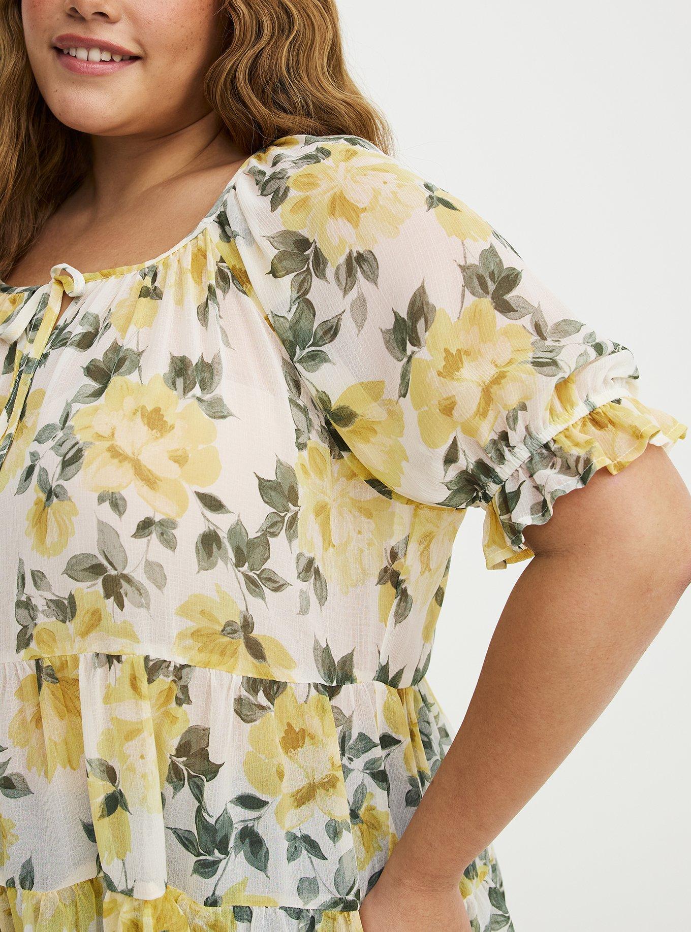 Tiered Babydoll Top with Puff Sleeves, ZELENA FLORAL YELLOW, alternate