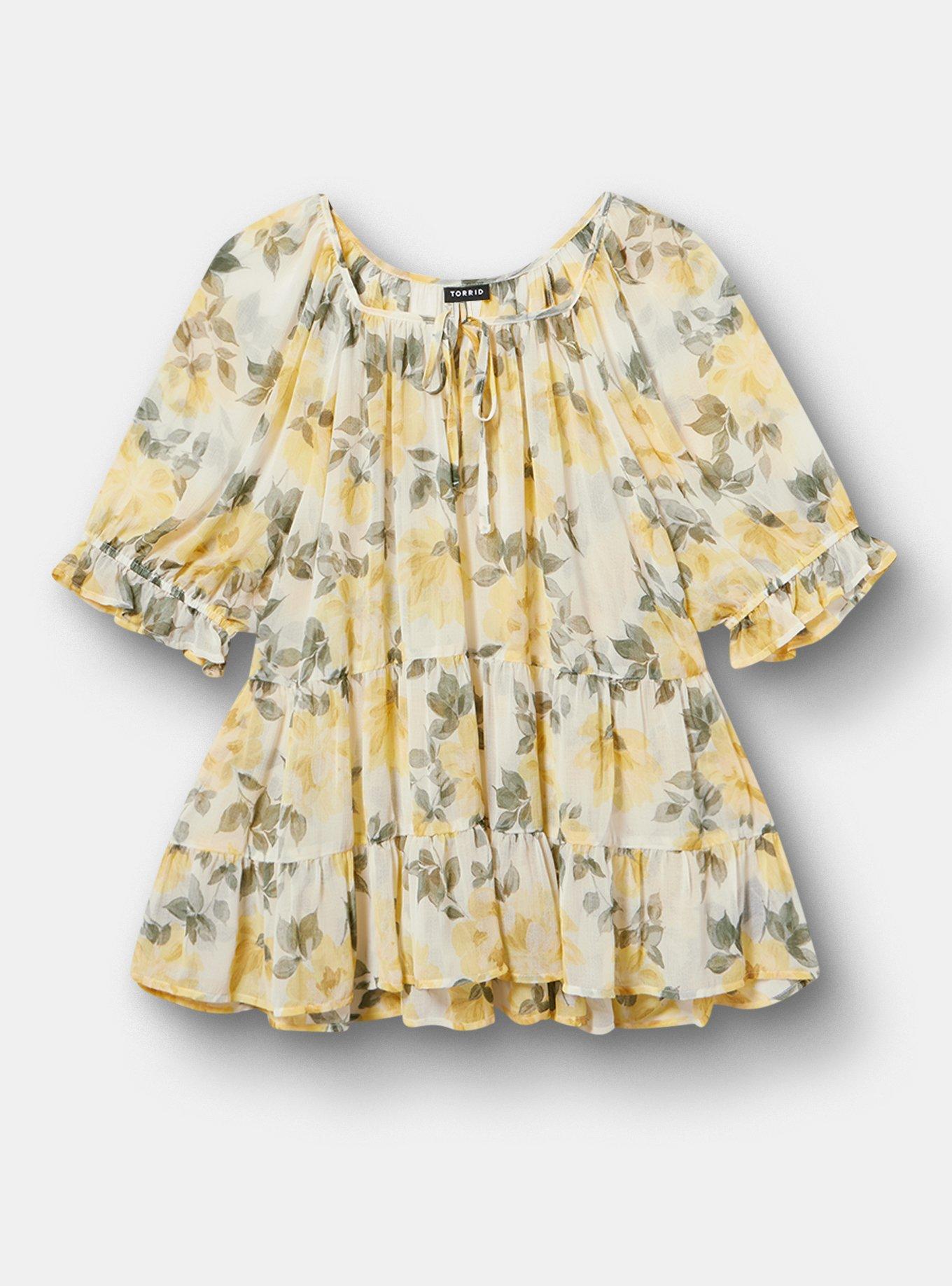 Tiered Babydoll Top with Puff Sleeves, ZELENA FLORAL YELLOW, hi-res