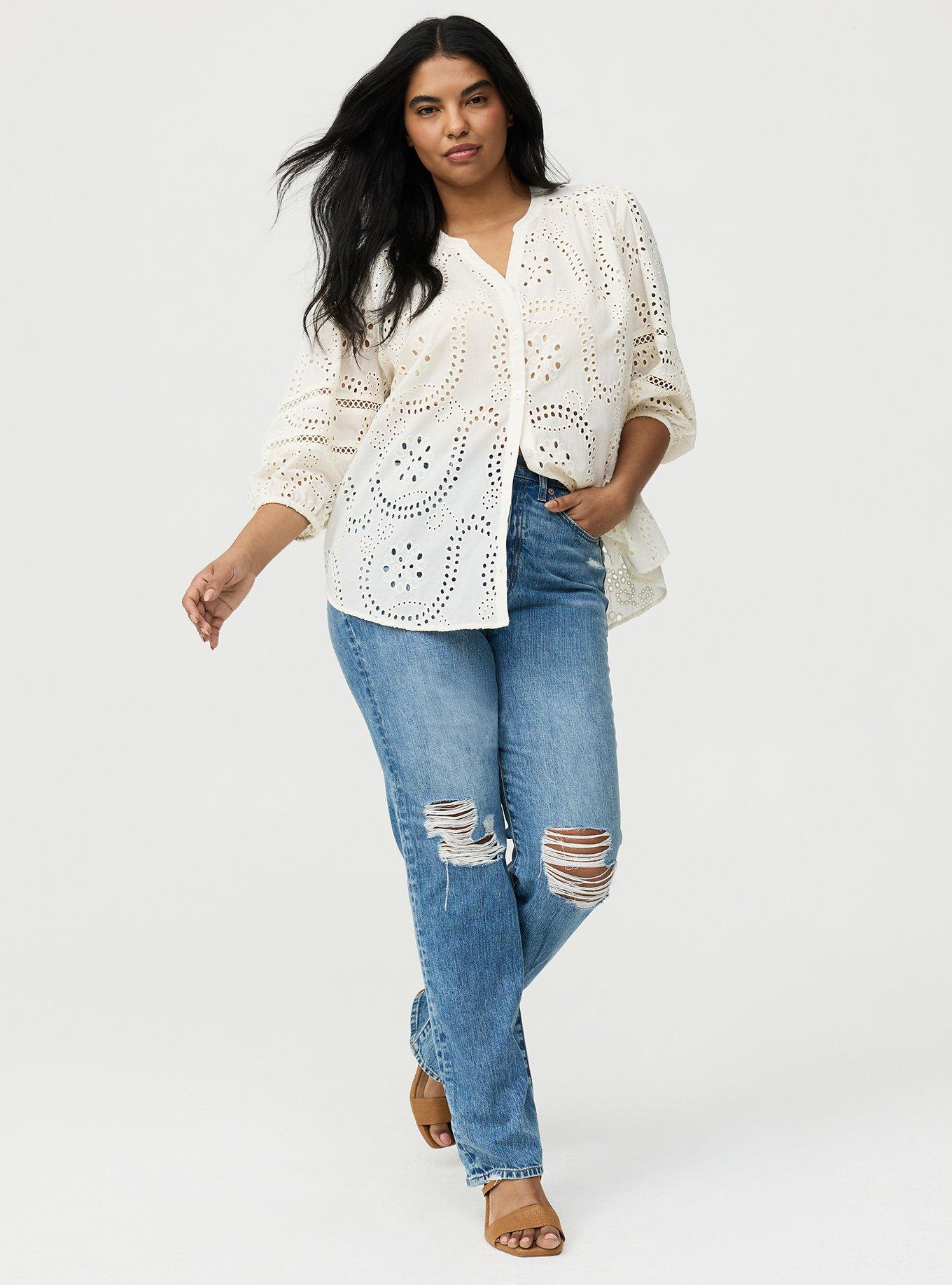 Cotton Eyelet Button-Down Top, WHISPER WHITE, alternate