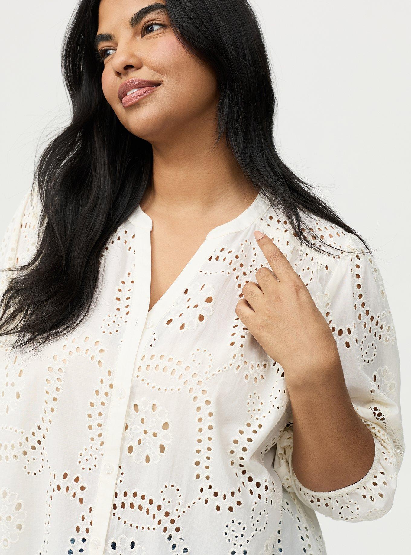 Cotton Eyelet Button-Down Top, WHISPER WHITE, alternate