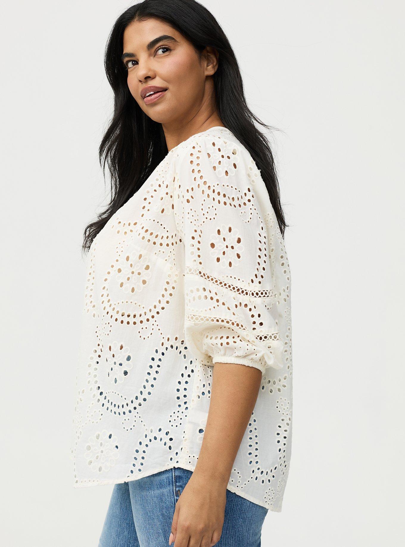 Cotton Eyelet Button-Down Top, WHISPER WHITE, alternate