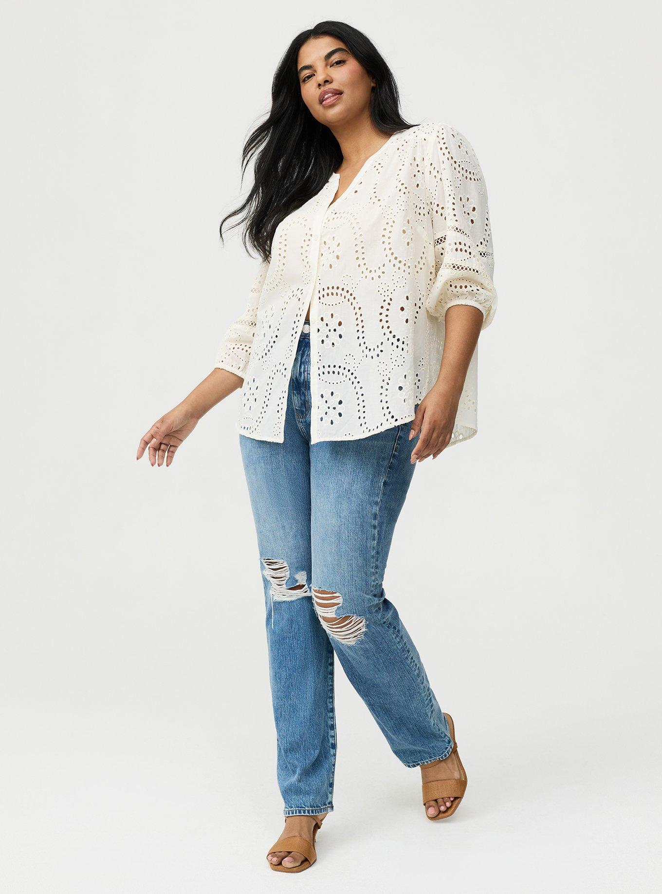 Cotton Eyelet Button-Down Top, WHISPER WHITE, alternate