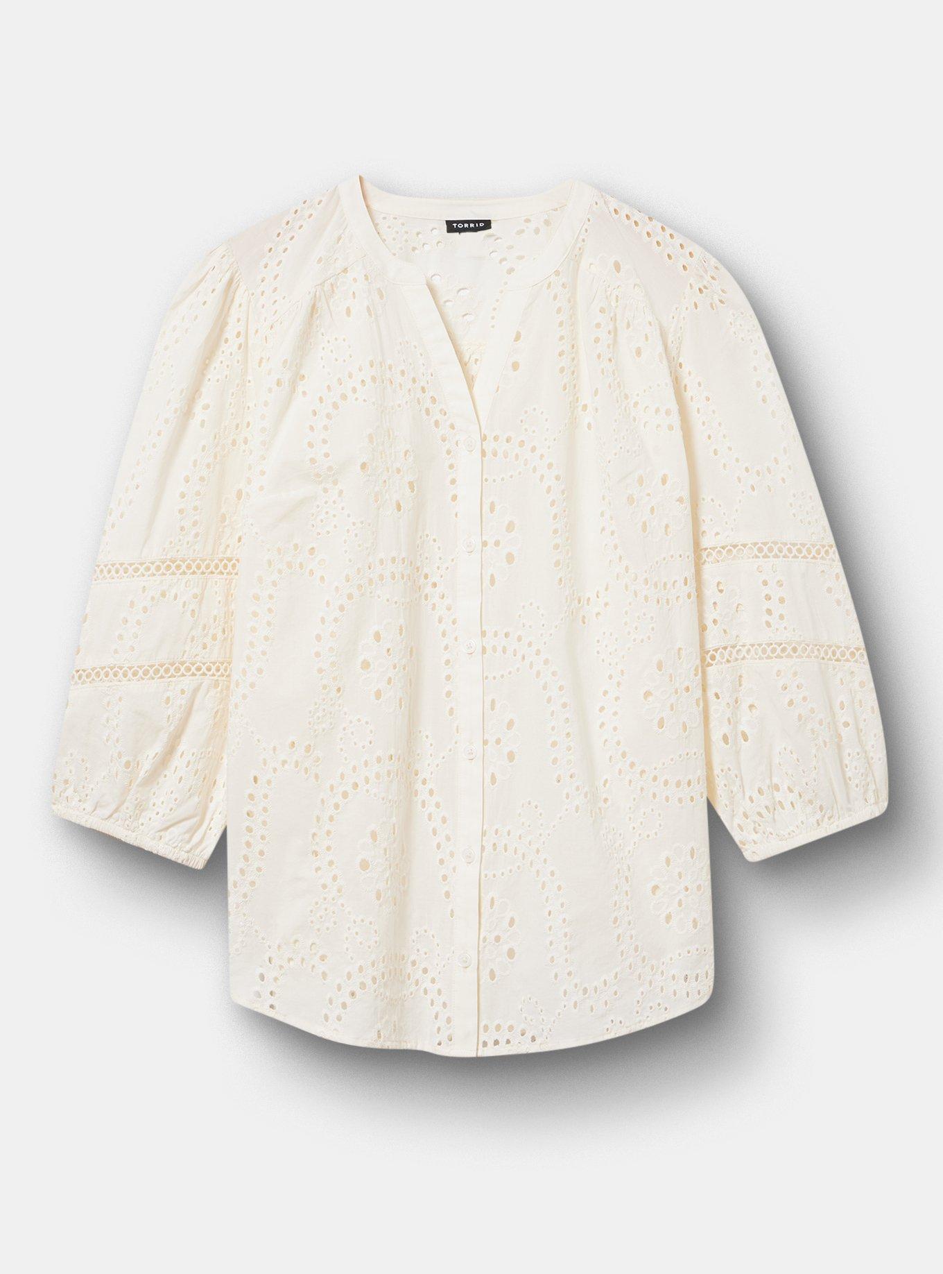 Cotton Eyelet Button-Down Top, WHISPER WHITE, hi-res