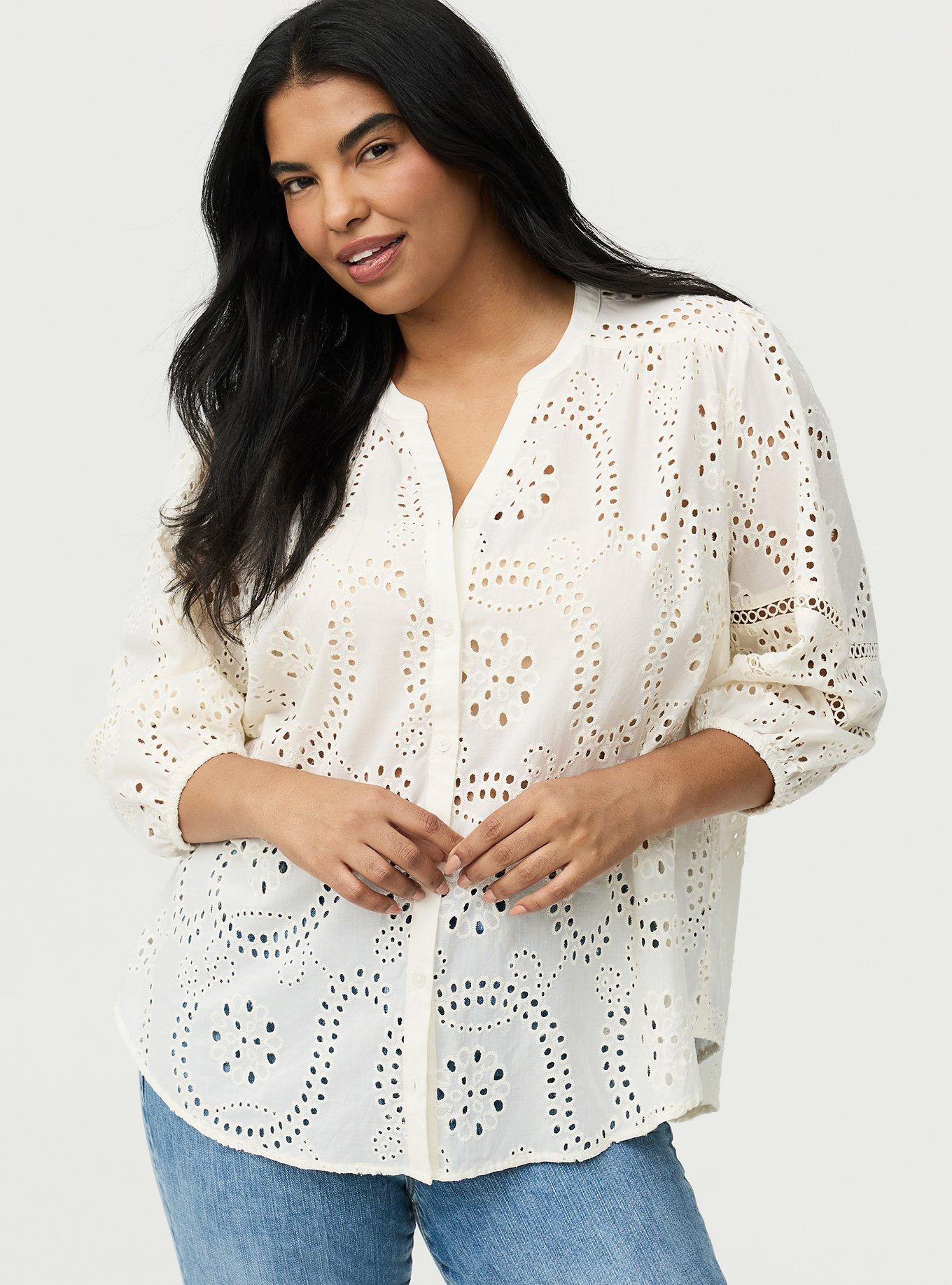 Cotton Eyelet Button-Down Top, WHISPER WHITE, hi-res