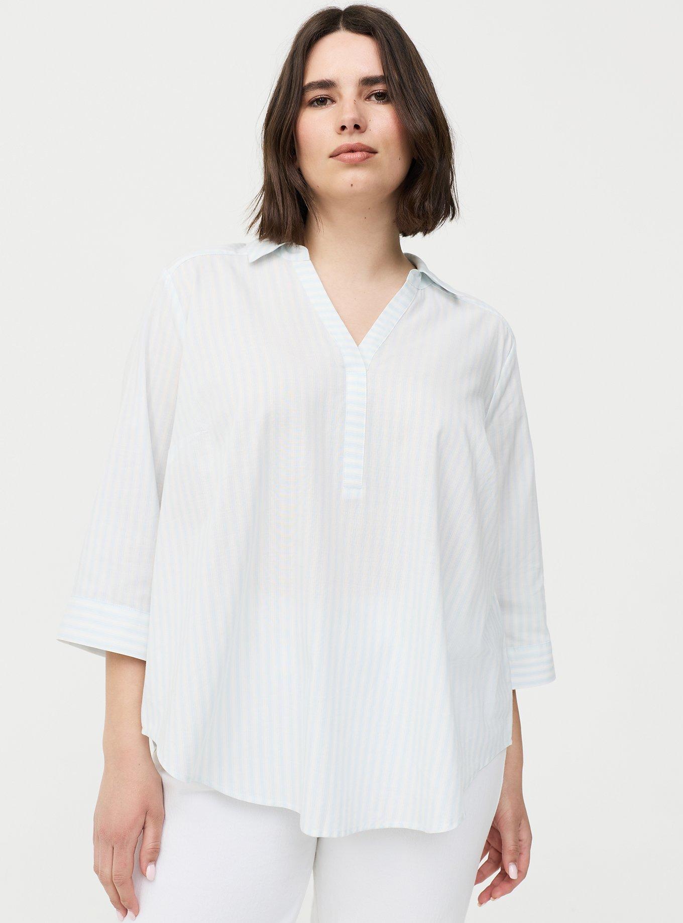 Harper 3/4 Sleeve Collared Blouse, MORA STRIPE BLUE, hi-res