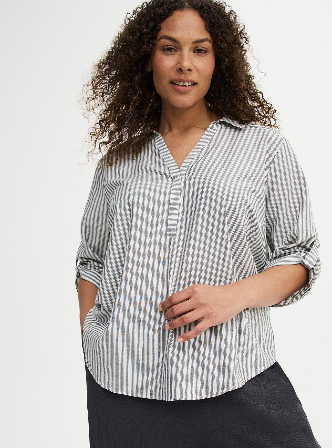 Harper 3/4 Sleeve Collared Blouse, MORA STRIPE WHITE, alternate