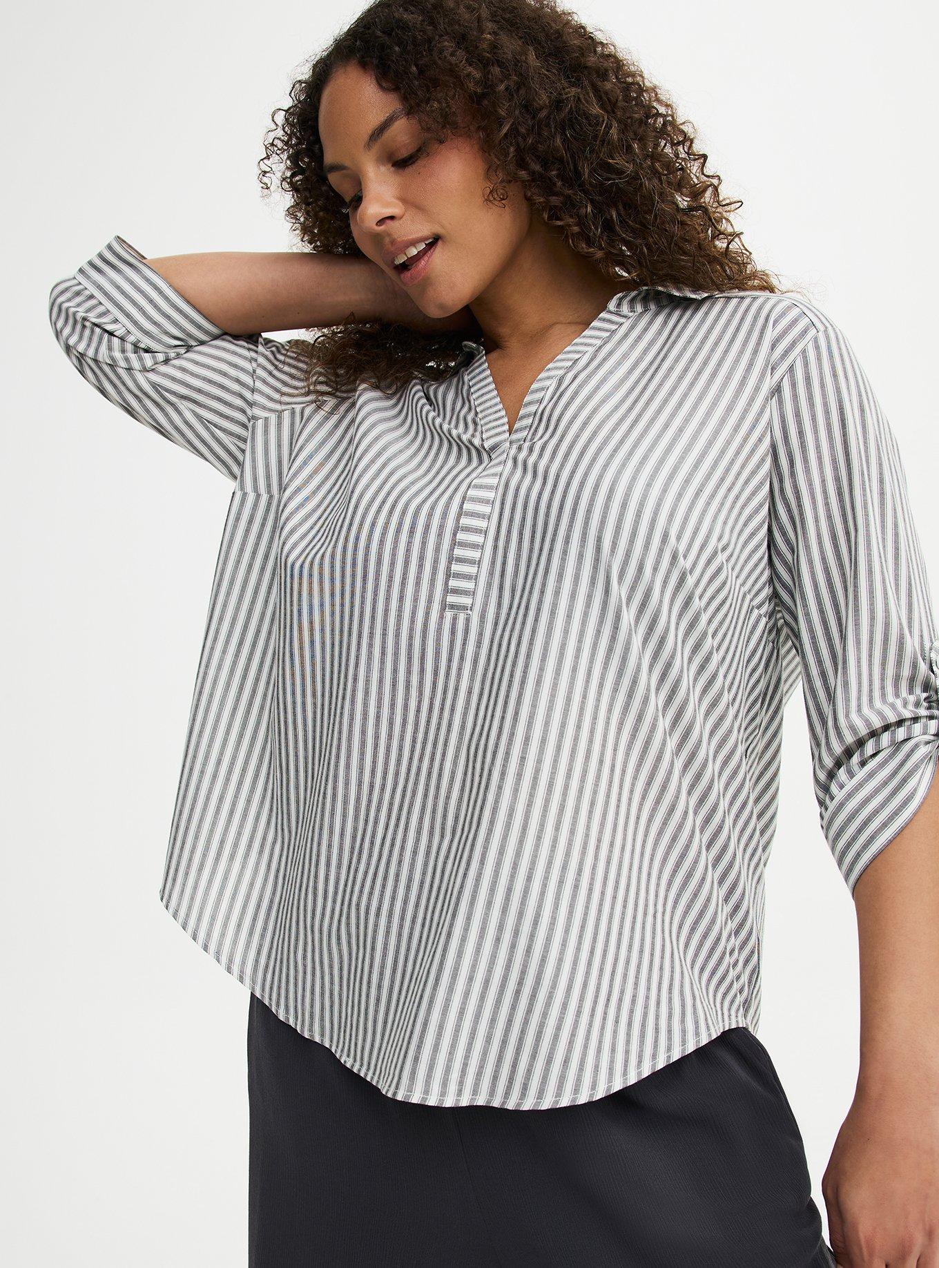 Harper 3/4 Sleeve Collared Blouse, MORA STRIPE WHITE, hi-res