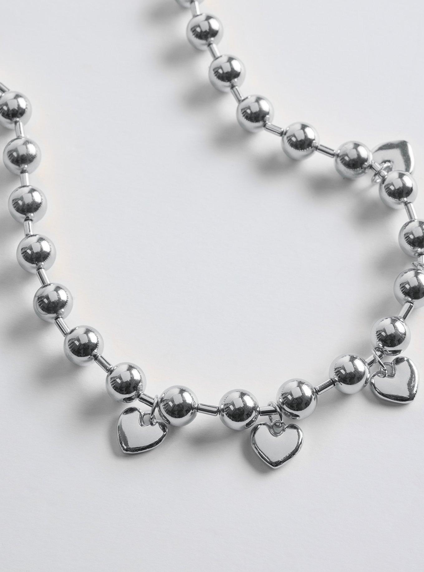 Shot Bead Heart Charm Necklace, SILVER, alternate