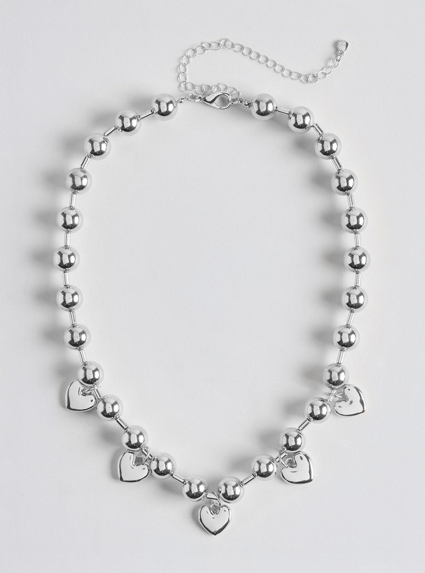 Shot Bead Heart Charm Necklace, SILVER, hi-res
