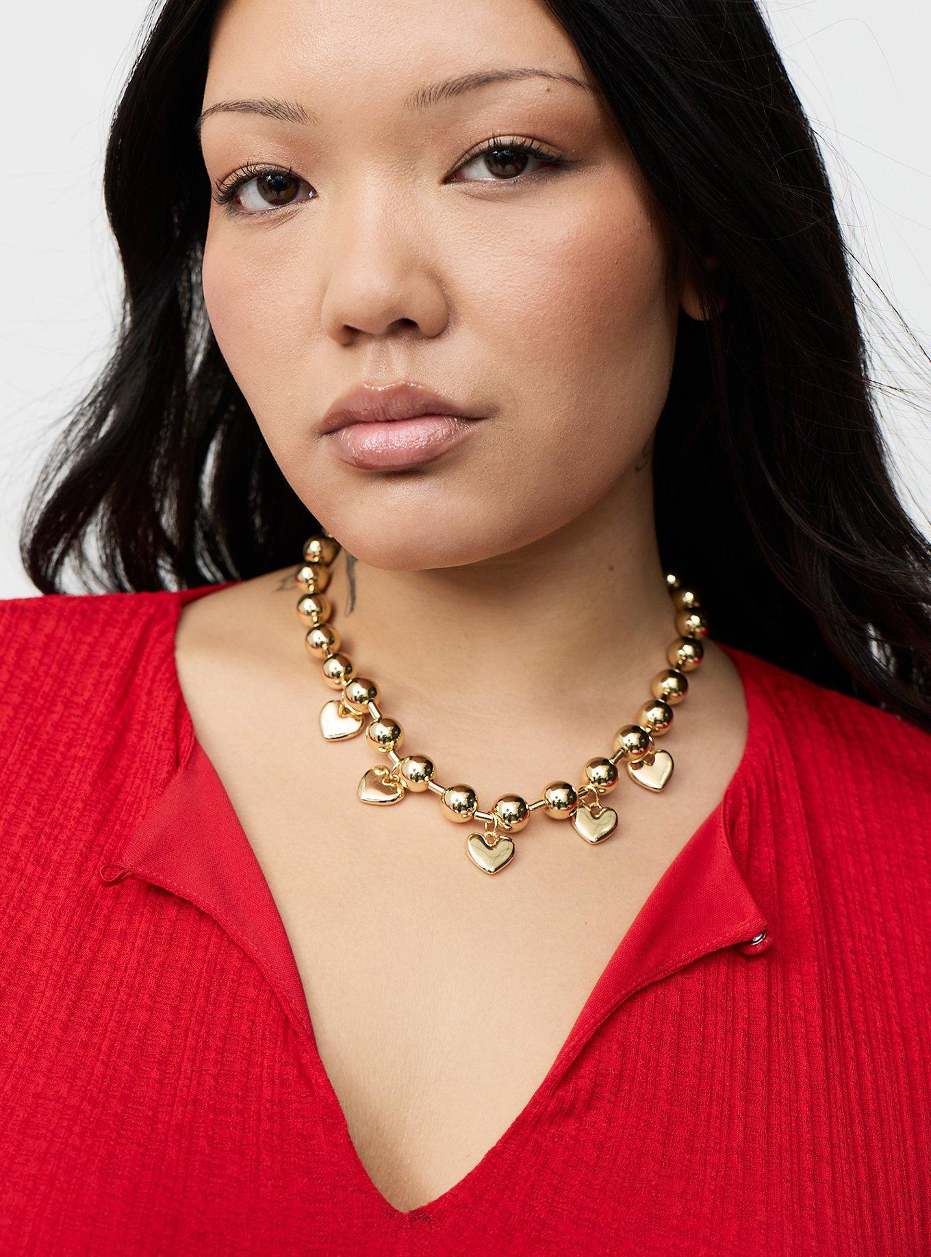 Shot Bead Heart Charm Necklace, GOLD, alternate