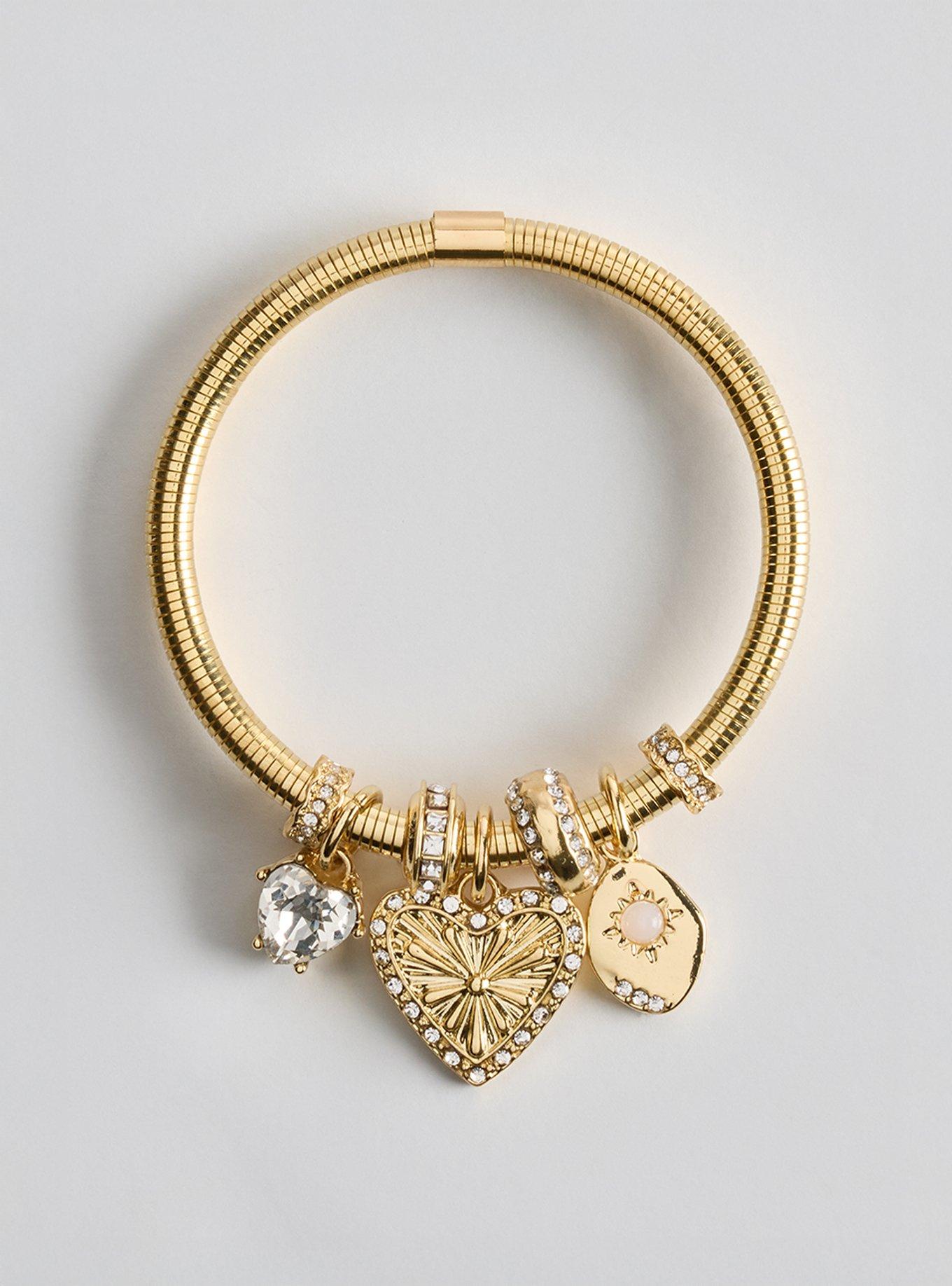 Heart Charm Stretch Bracelet, GOLD, hi-res