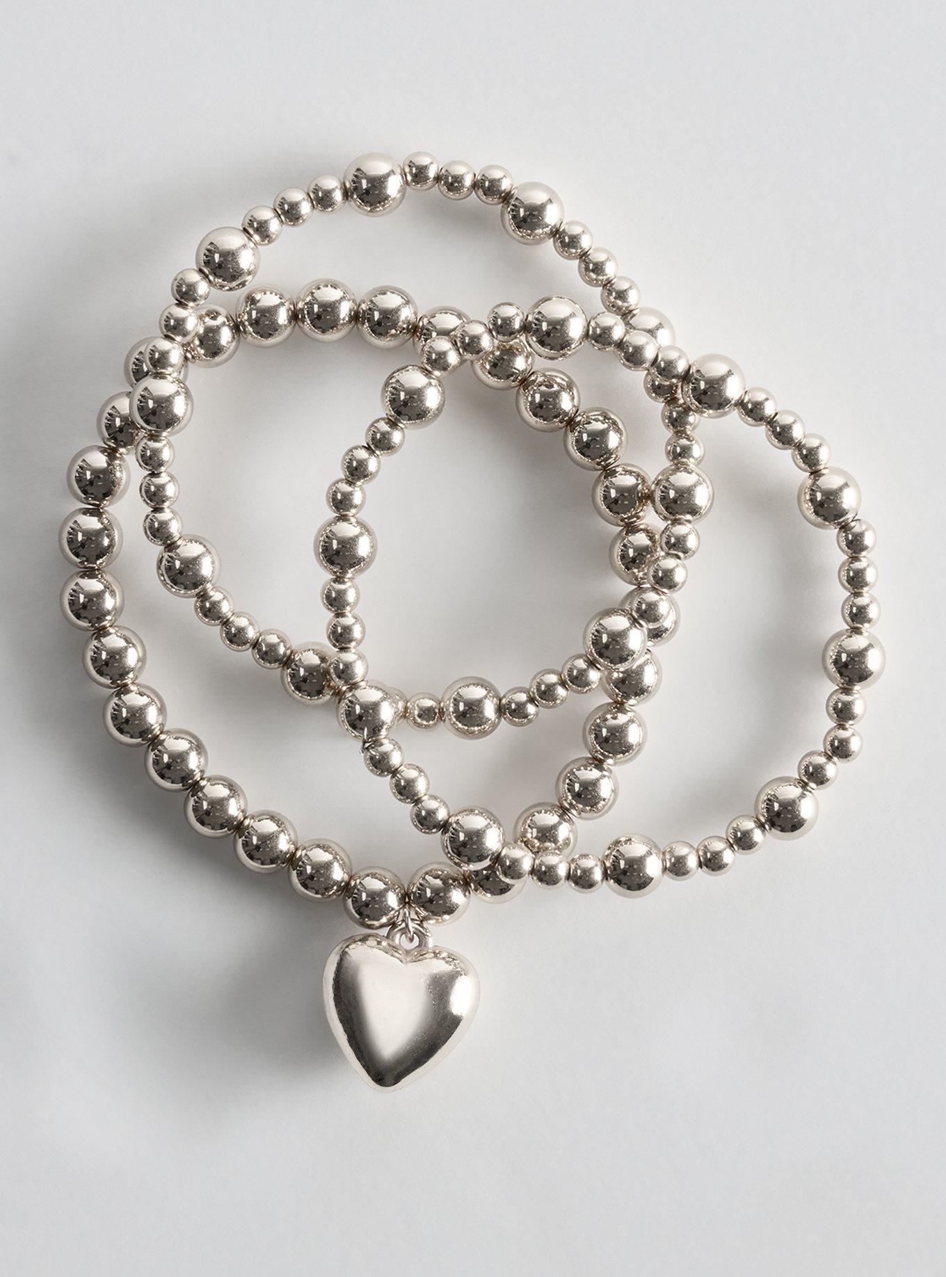 Beaded Heart Stretch Bracelet, SILVER, alternate