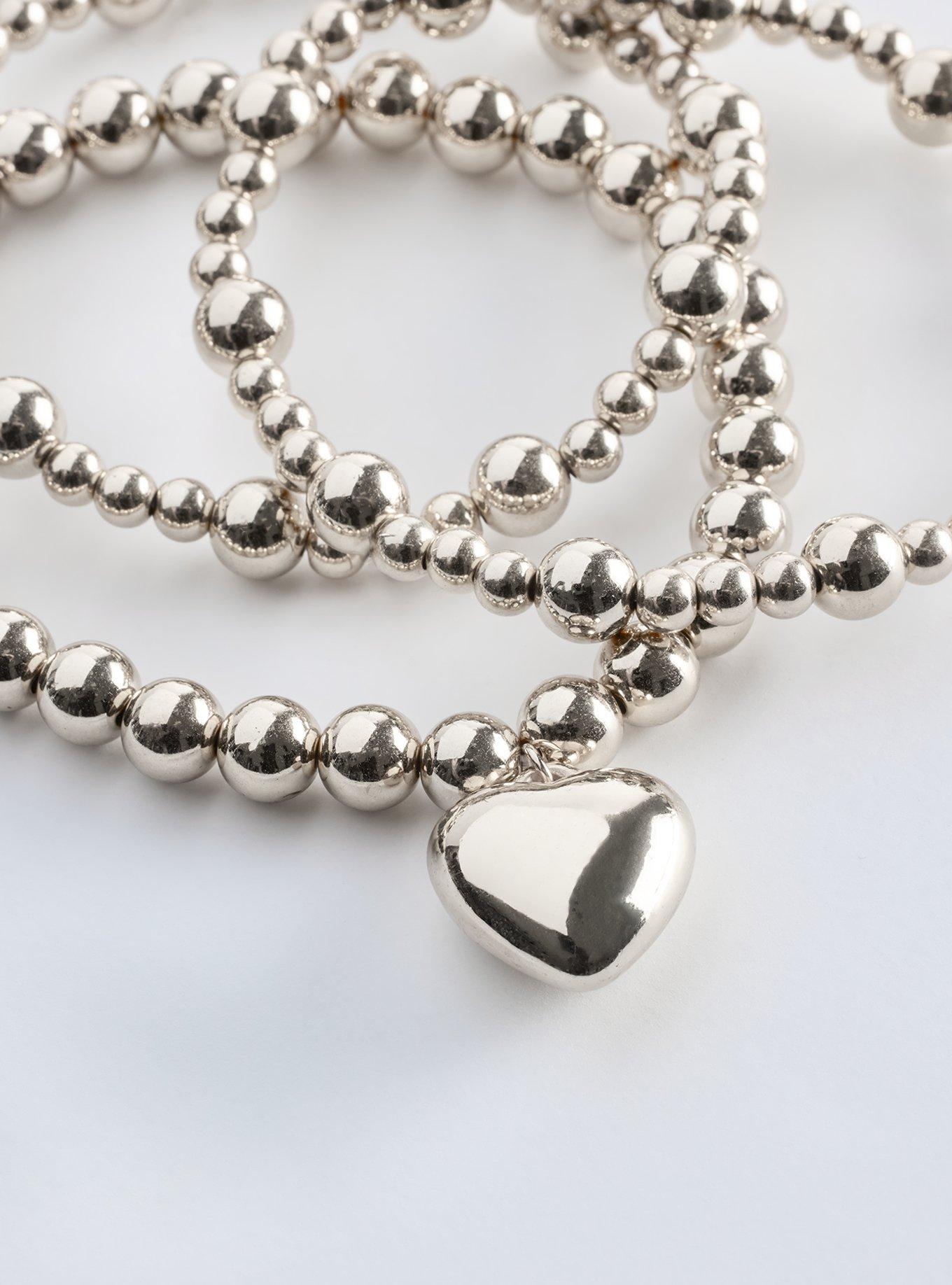 Beaded Heart Stretch Bracelet, SILVER, alternate