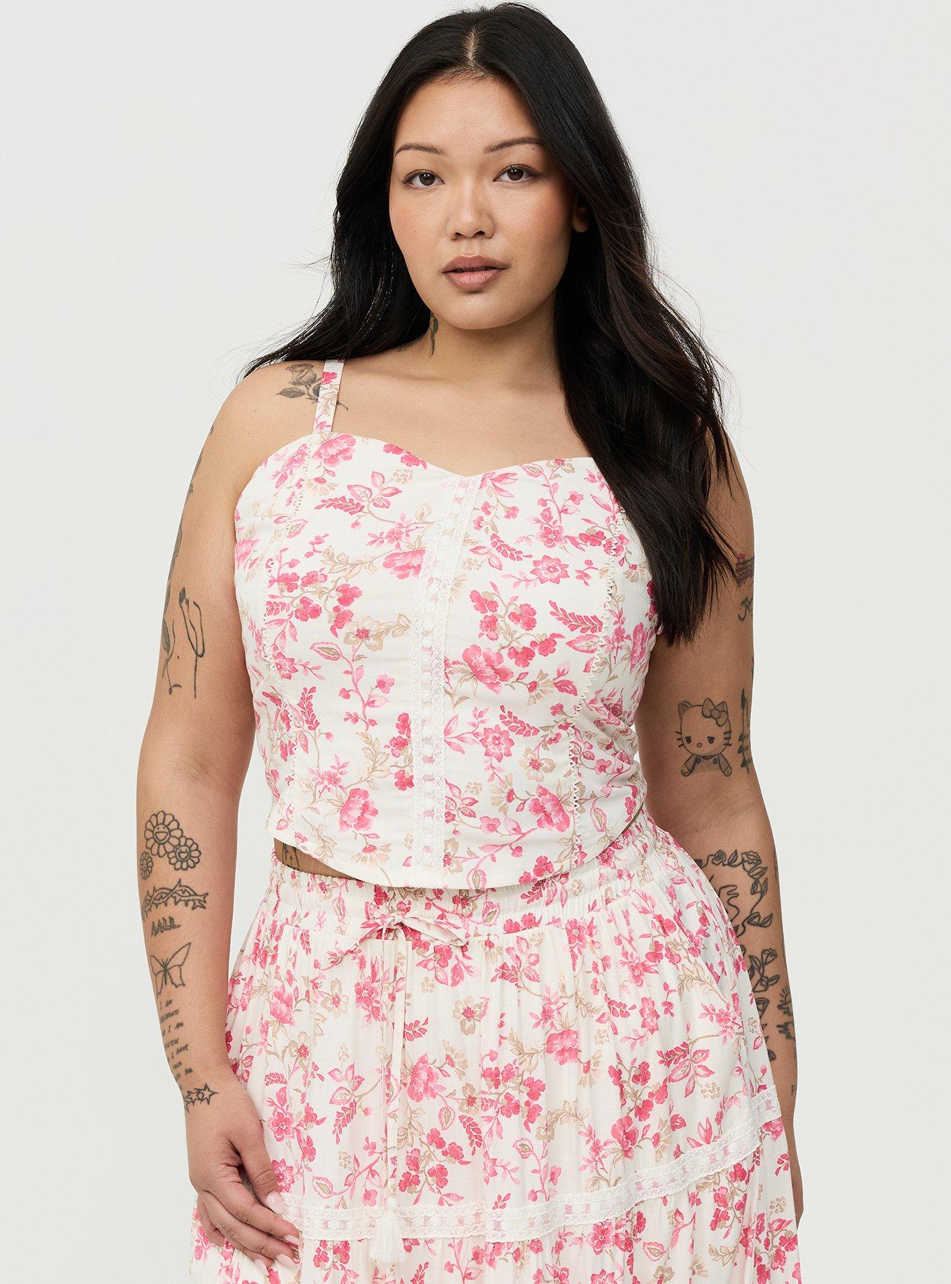 Corset Lace Trim Crop Top, ENTICE FLORALS PINK, hi-res