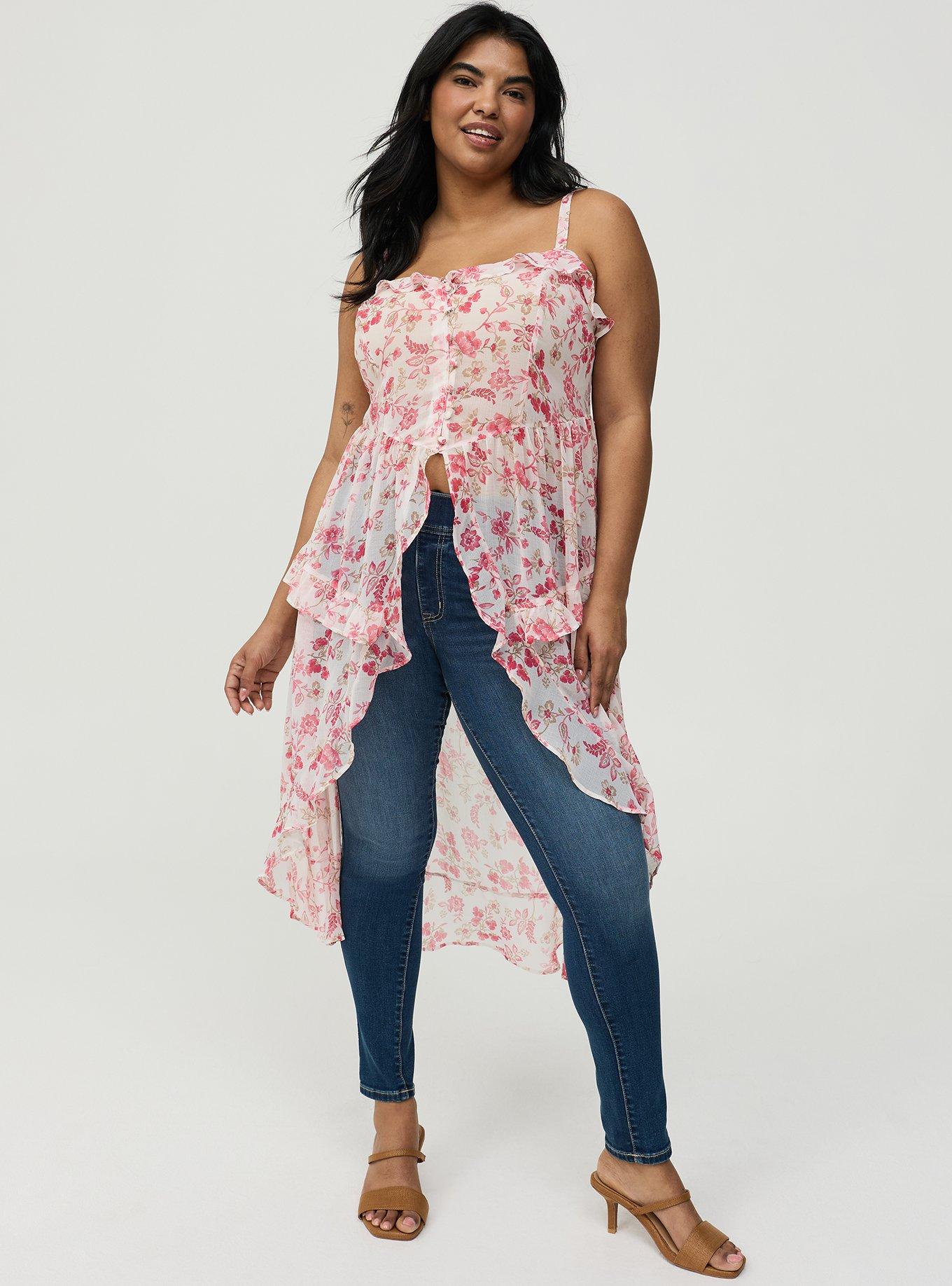 Button Front Tunic Top, ENTICE FLORALS PINK, hi-res