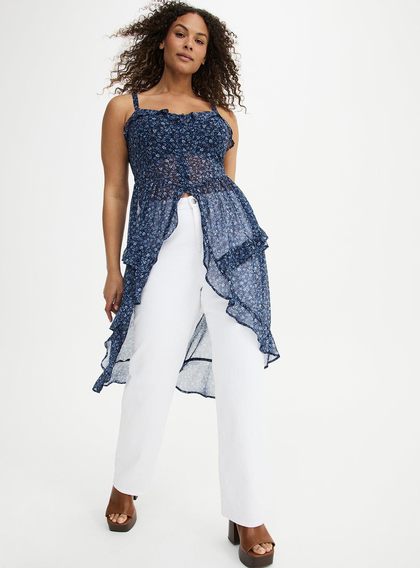 Button Front Tunic Top, LOVELY DITSY FLORAL BLUE, hi-res