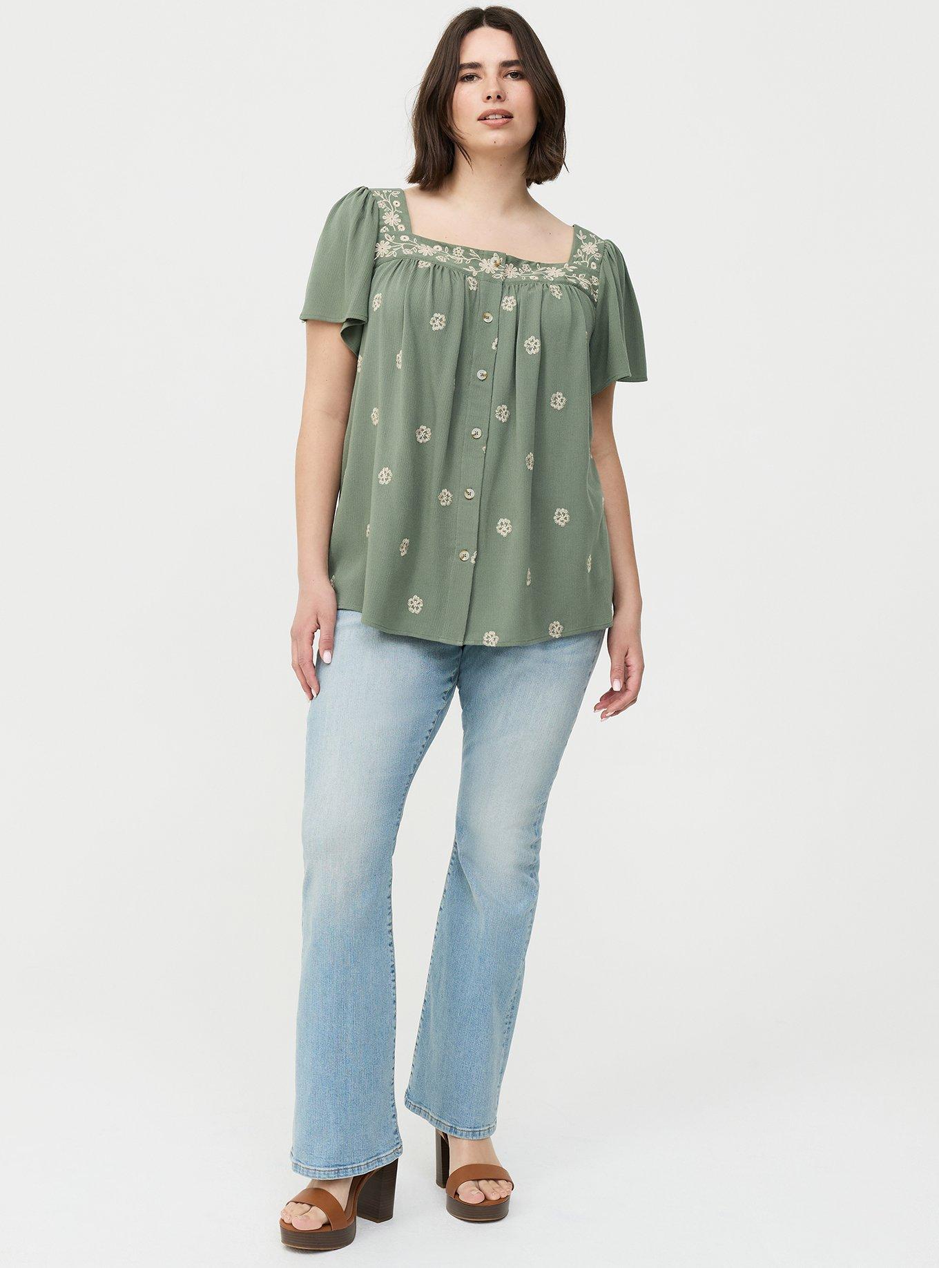 Embroidered Flutter Sleeve Blouse, AGAVE GREEN, alternate