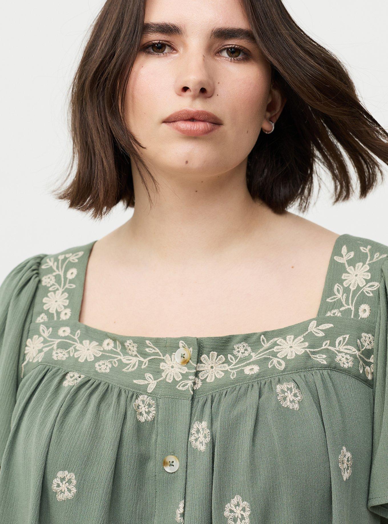 Embroidered Flutter Sleeve Blouse, AGAVE GREEN, alternate