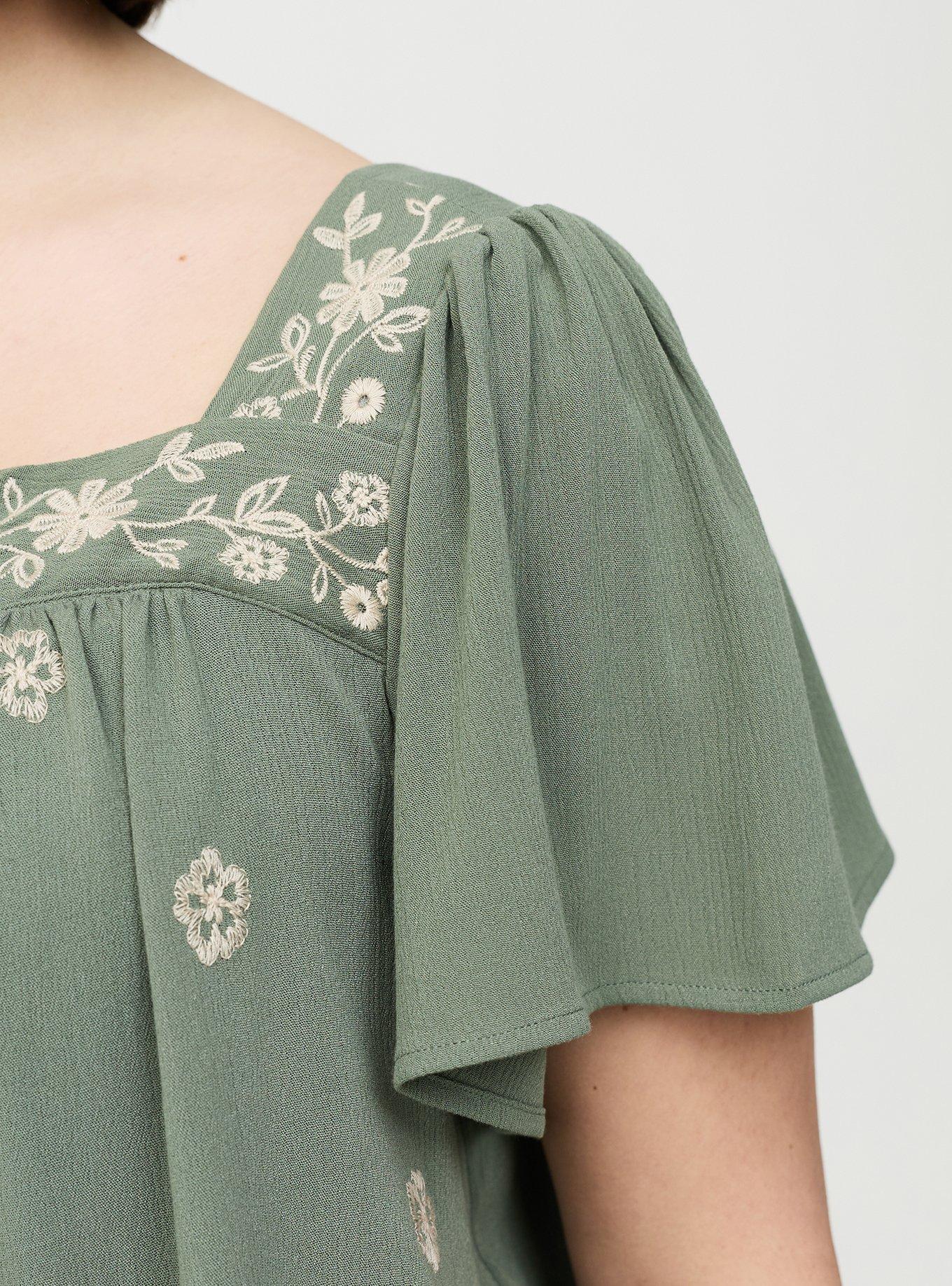 Embroidered Flutter Sleeve Blouse, AGAVE GREEN, alternate