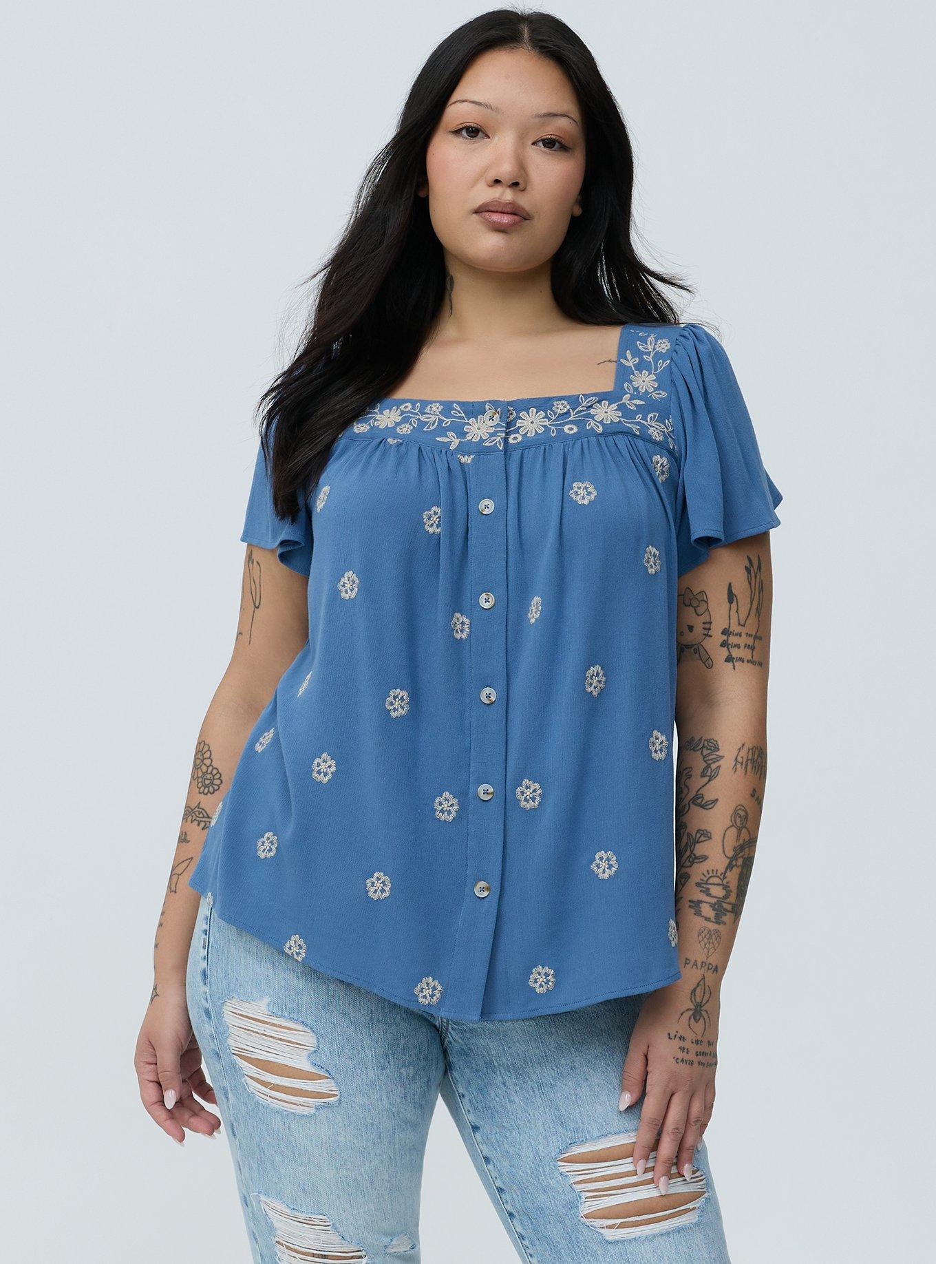 Embroidered Flutter Sleeve Blouse, BLUE HORIZON, alternate