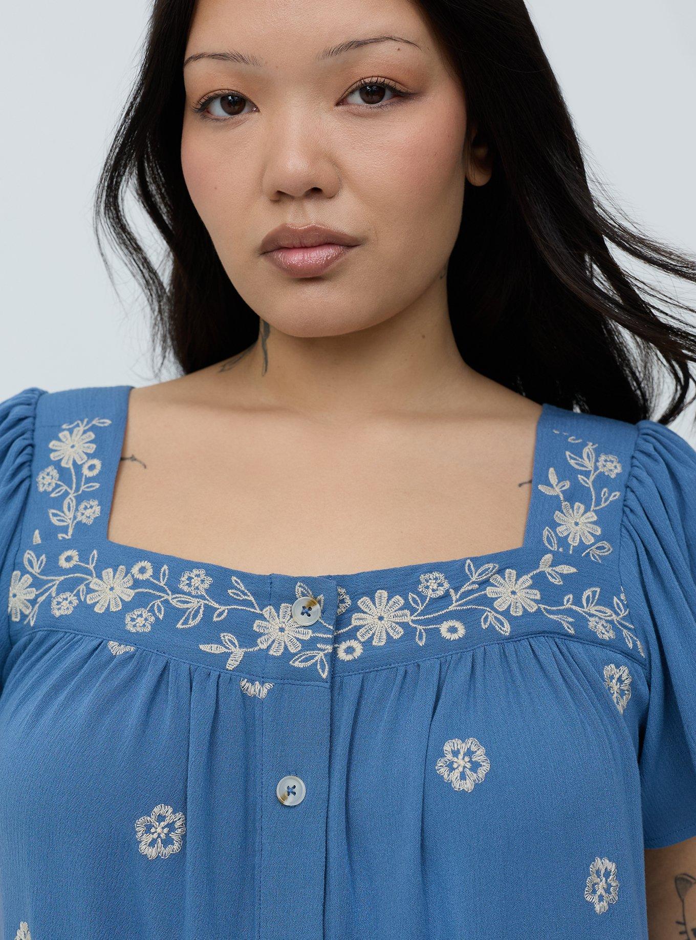 Embroidered Flutter Sleeve Blouse, BLUE HORIZON, alternate