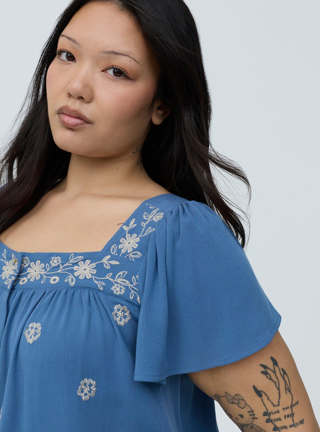 Embroidered Flutter Sleeve Blouse, BLUE HORIZON, alternate