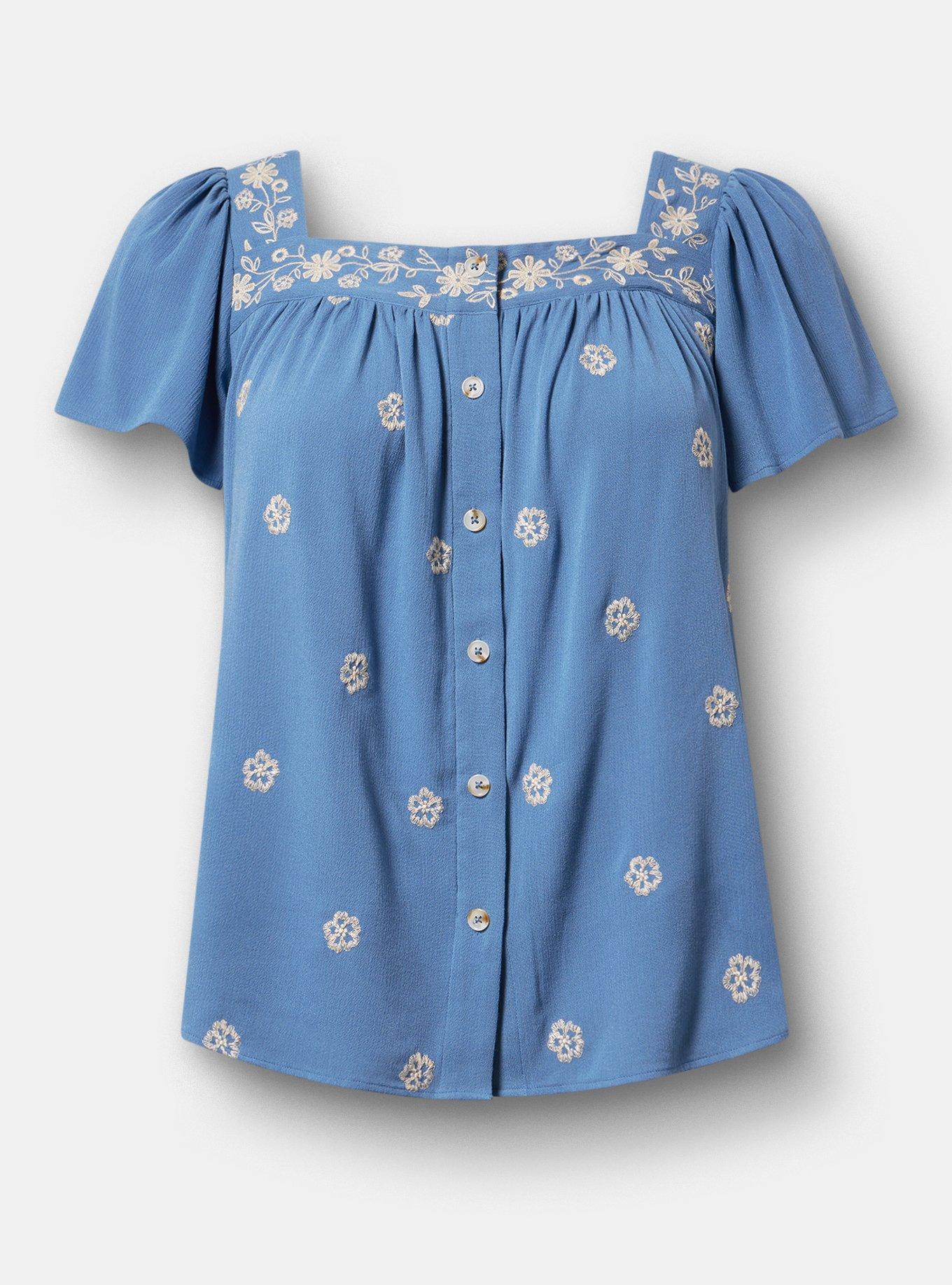 Embroidered Flutter Sleeve Blouse, BLUE HORIZON, hi-res