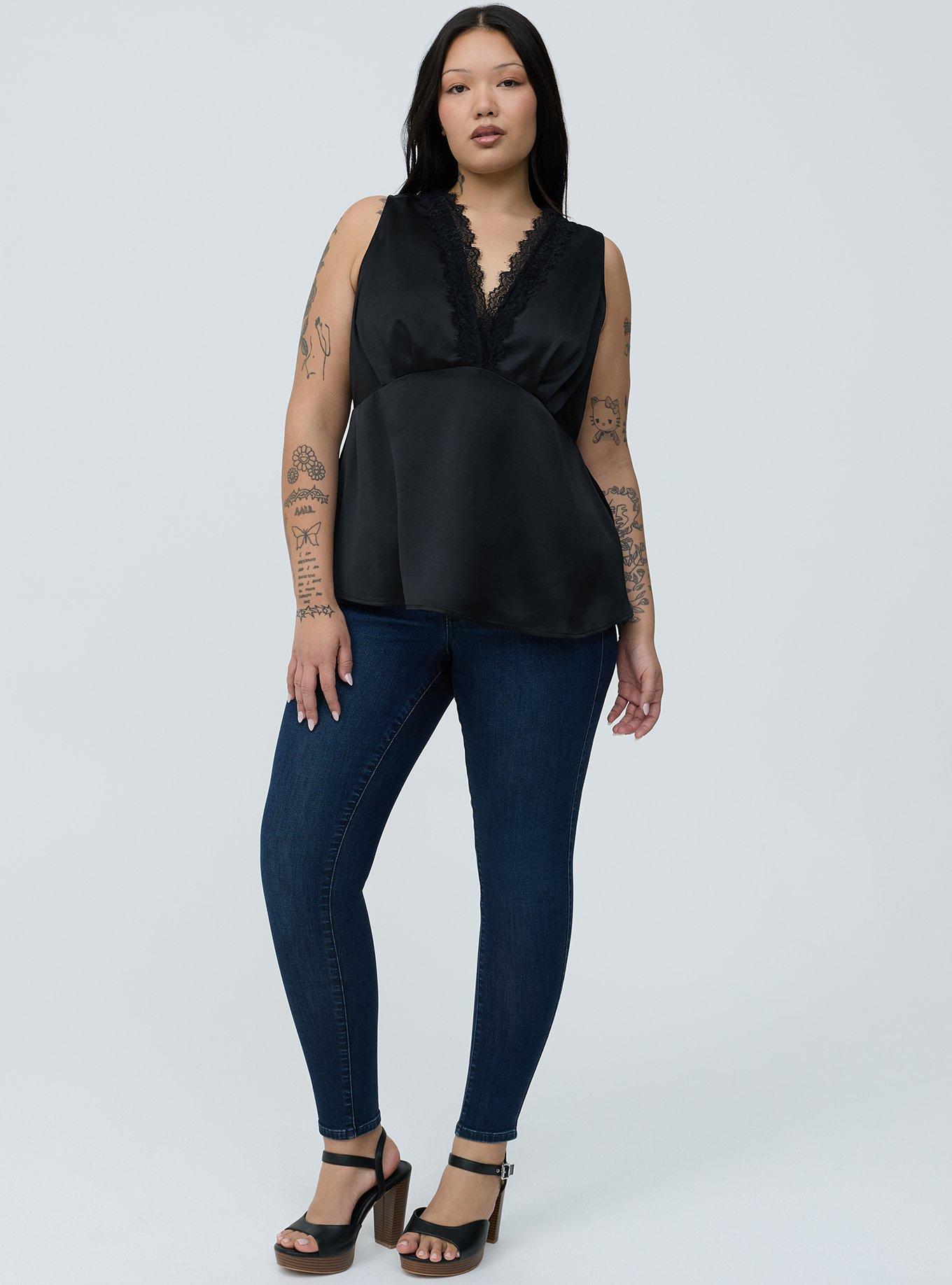 Satin Lace Trim Tank, DEEP BLACK, alternate